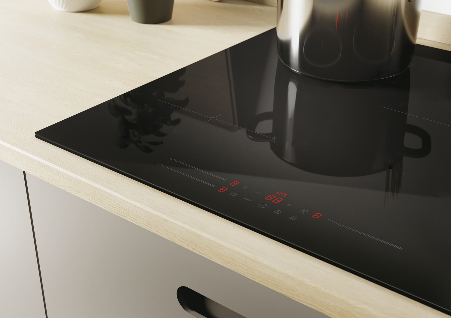 Una placa de inducción negra con una olla de acero inoxidable. Pantalla digital roja muestra ajustes. Encimera de madera clara y armario gris.