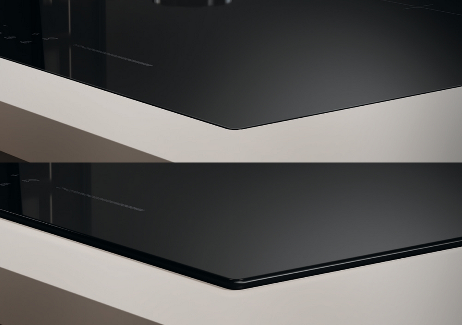 Primer plano de una encimera de vidrio negro con panel de control. La encimera está sobre una encimera de color claro. Hay un reflejo.