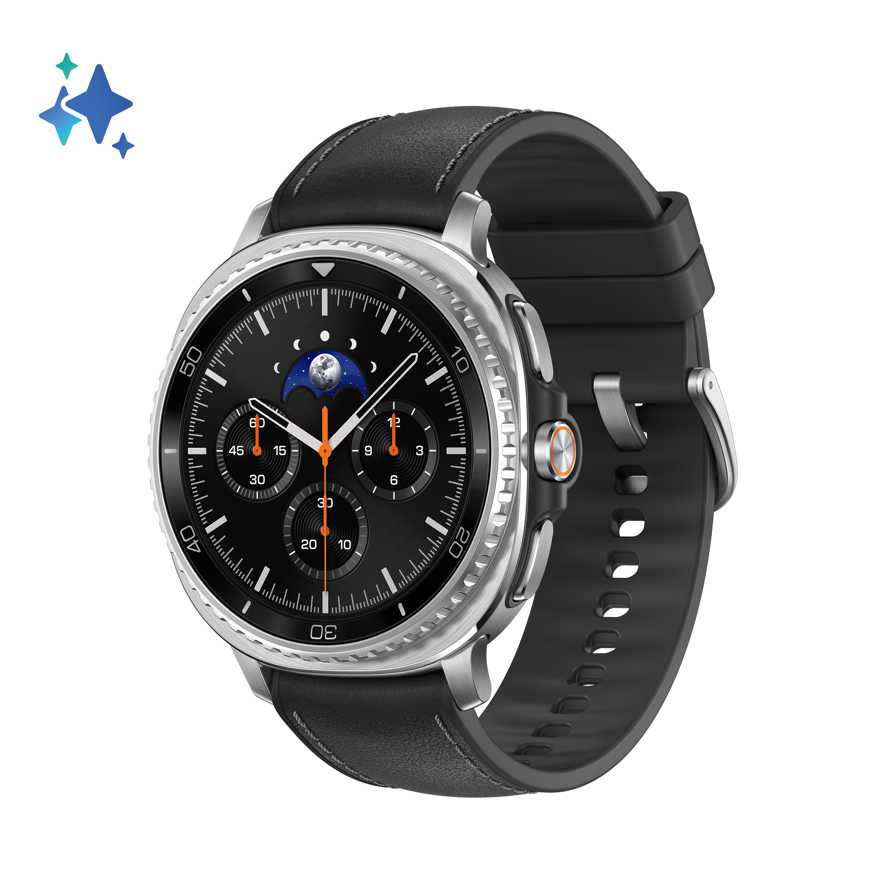 Czarny smartwatch ze skórzanym paskiem. Tarcza zegarka wyświetla cyfry i wskaźnik faz księżyca.