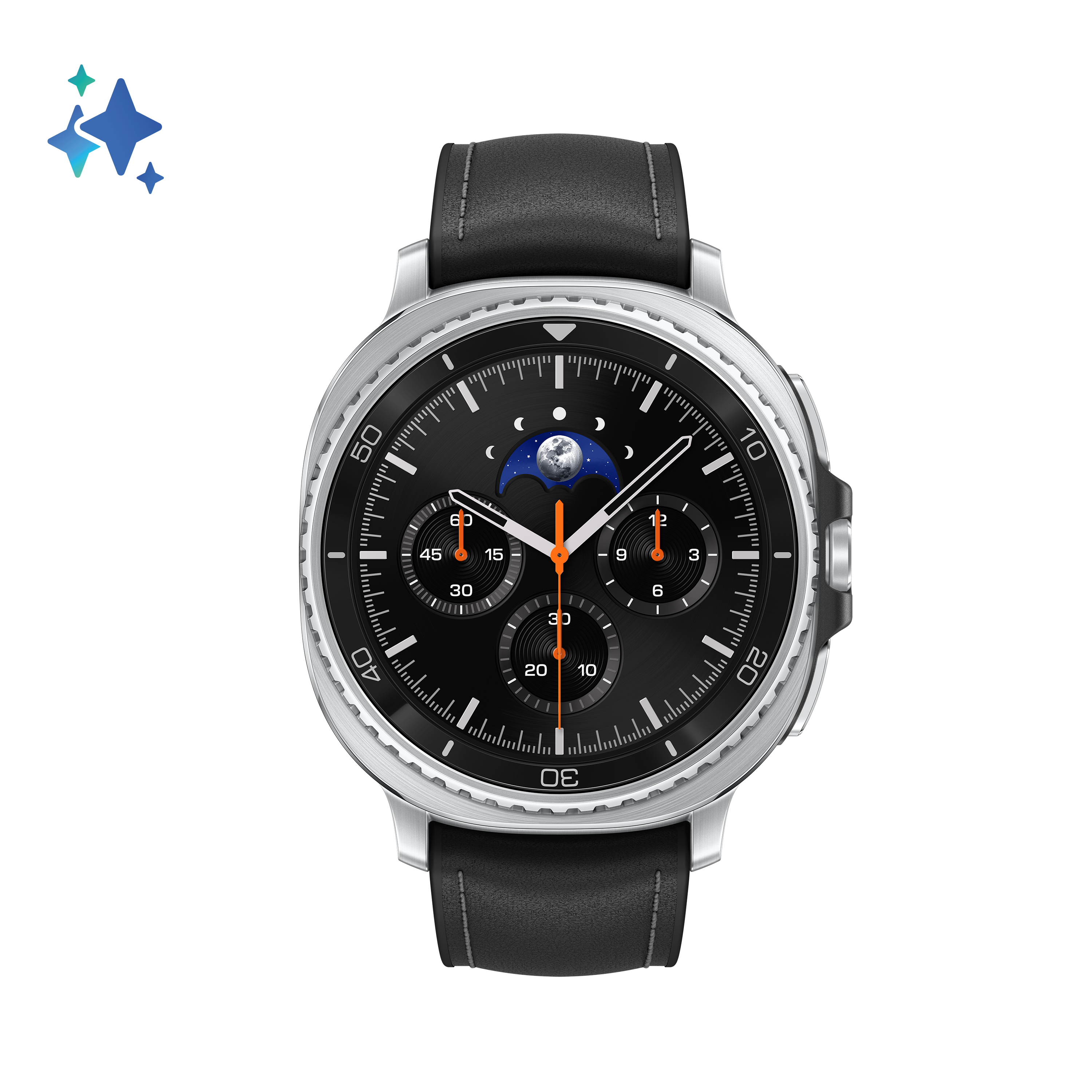Czarny zegarek ze srebrną ramką i czarnym skórzanym paskiem. Pokazuje fazy księżyca i tarcze chronografu.