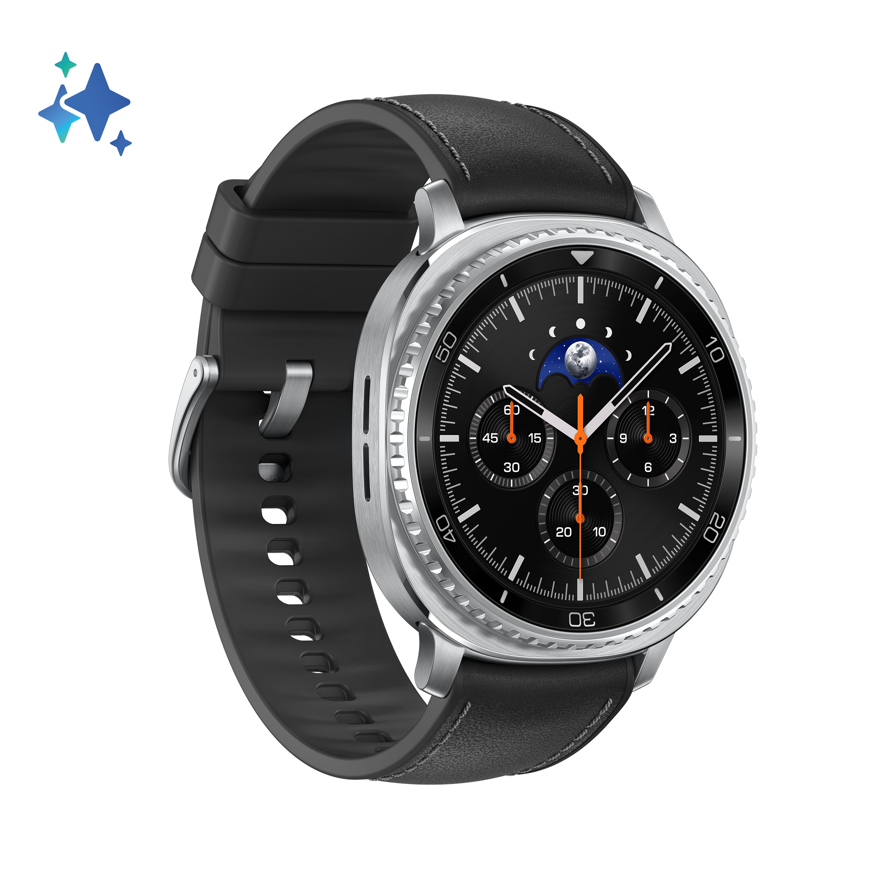 Czarny smartwatch ze srebrną ramką i czarnym skórzanym paskiem jest wyświetlany na czarnym tle. Tarcza zegarka pokazuje fazę księżyca.