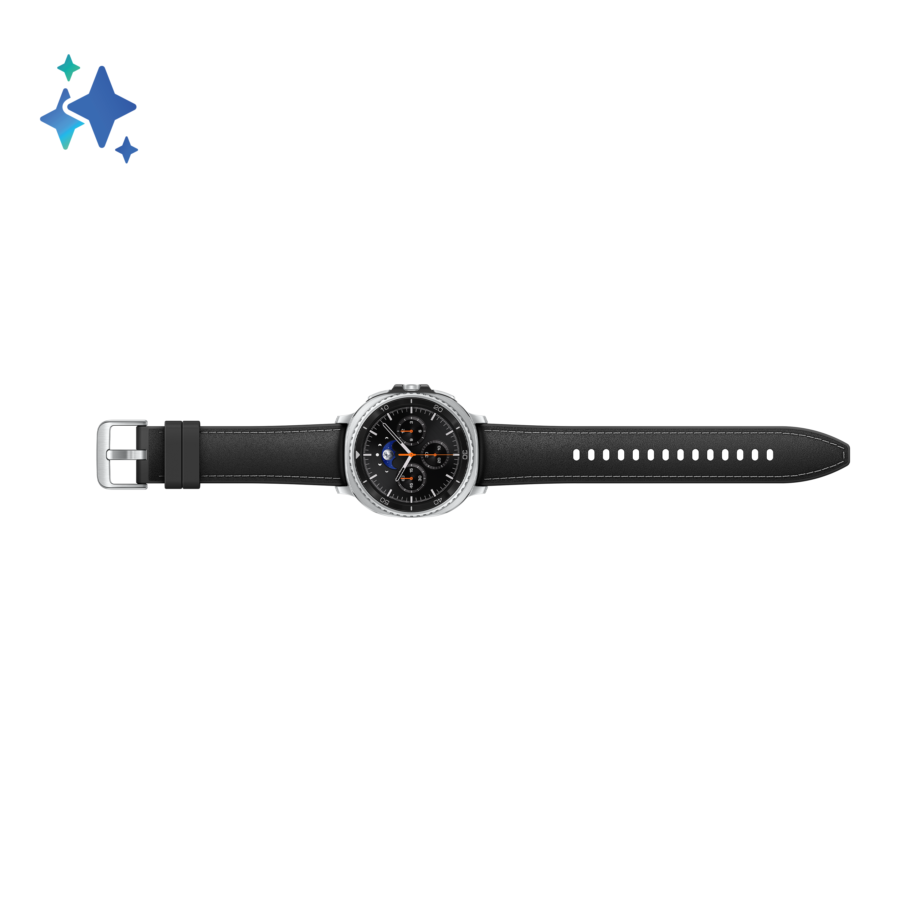 Czarny smartwatch z skórzanym paskiem na czarnym tle. Stylizowana gwiazda w lewym górnym rogu.