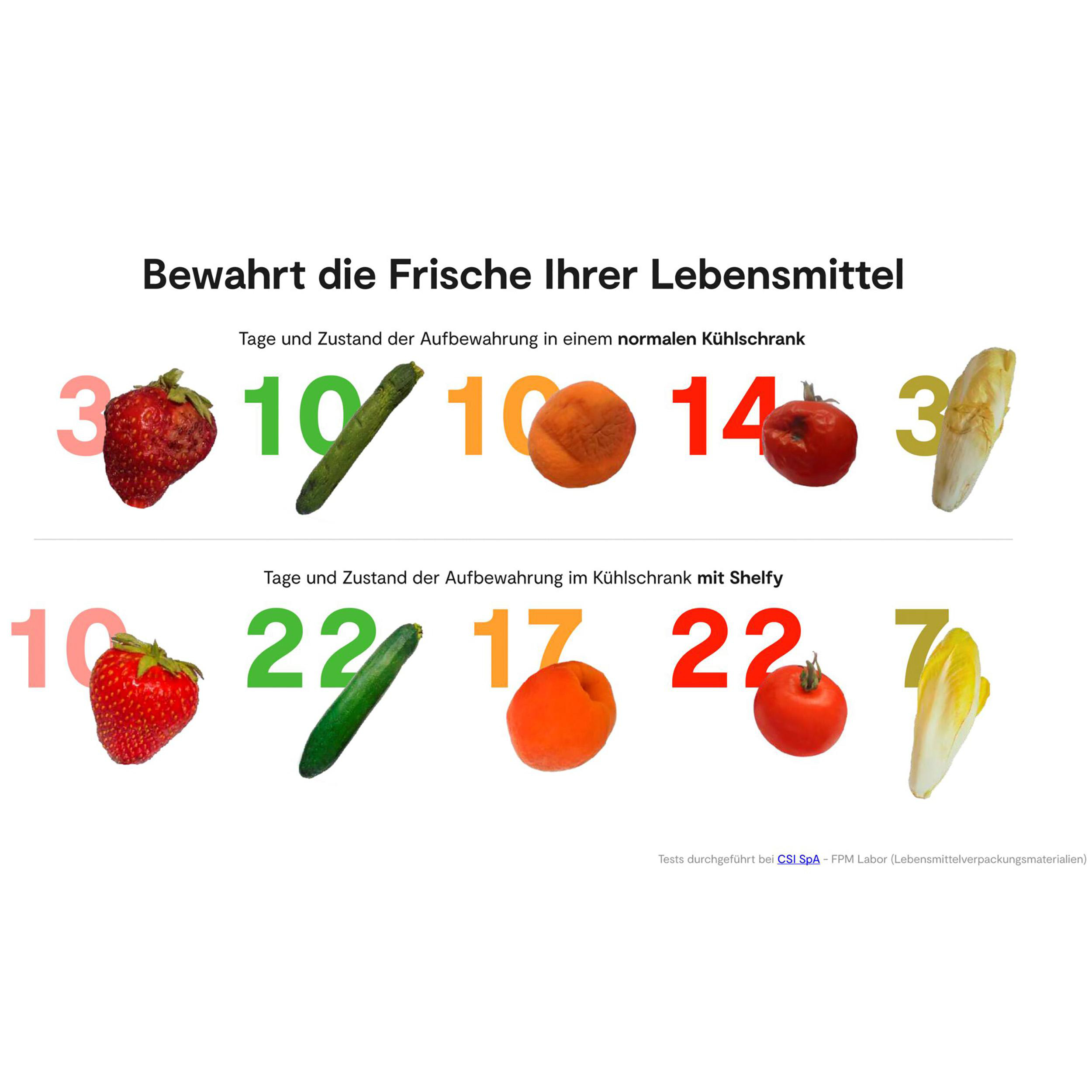 Infografik, die die Haltbarkeit von Lebensmitteln im Kühlschrank zeigt. Enthält Erdbeeren, Gurken, Aprikosen, Tomaten und Endivien.