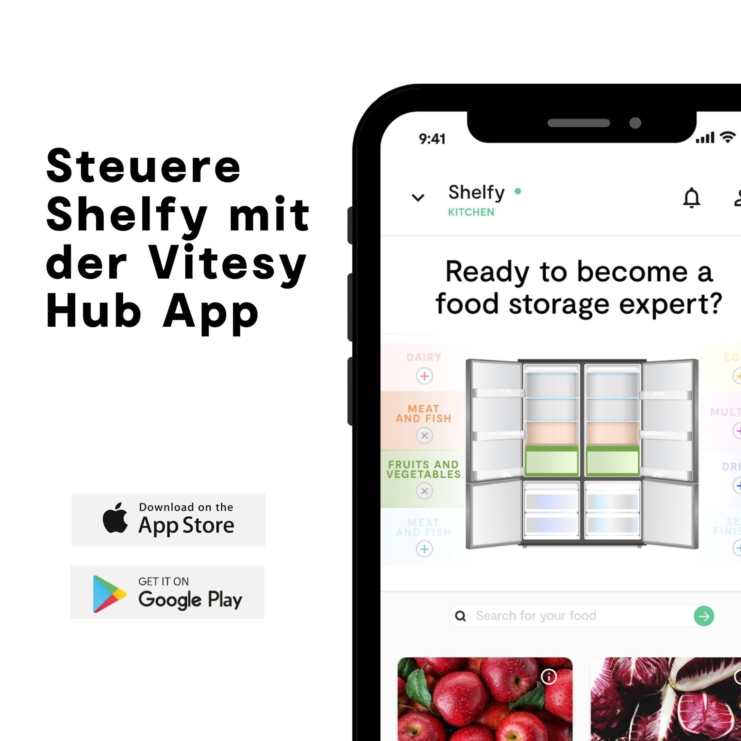 App-Bildschirm mit Kühlschrank-Innenraum und Text auf Deutsch. Schaltflächen für App Store und Google Play werden angezeigt.