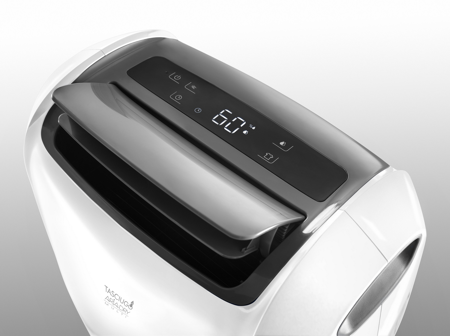 Deshumidificador blanco y gris, pantalla digital muestra 60%. Tiene una ventilación, botones de control y la marca.