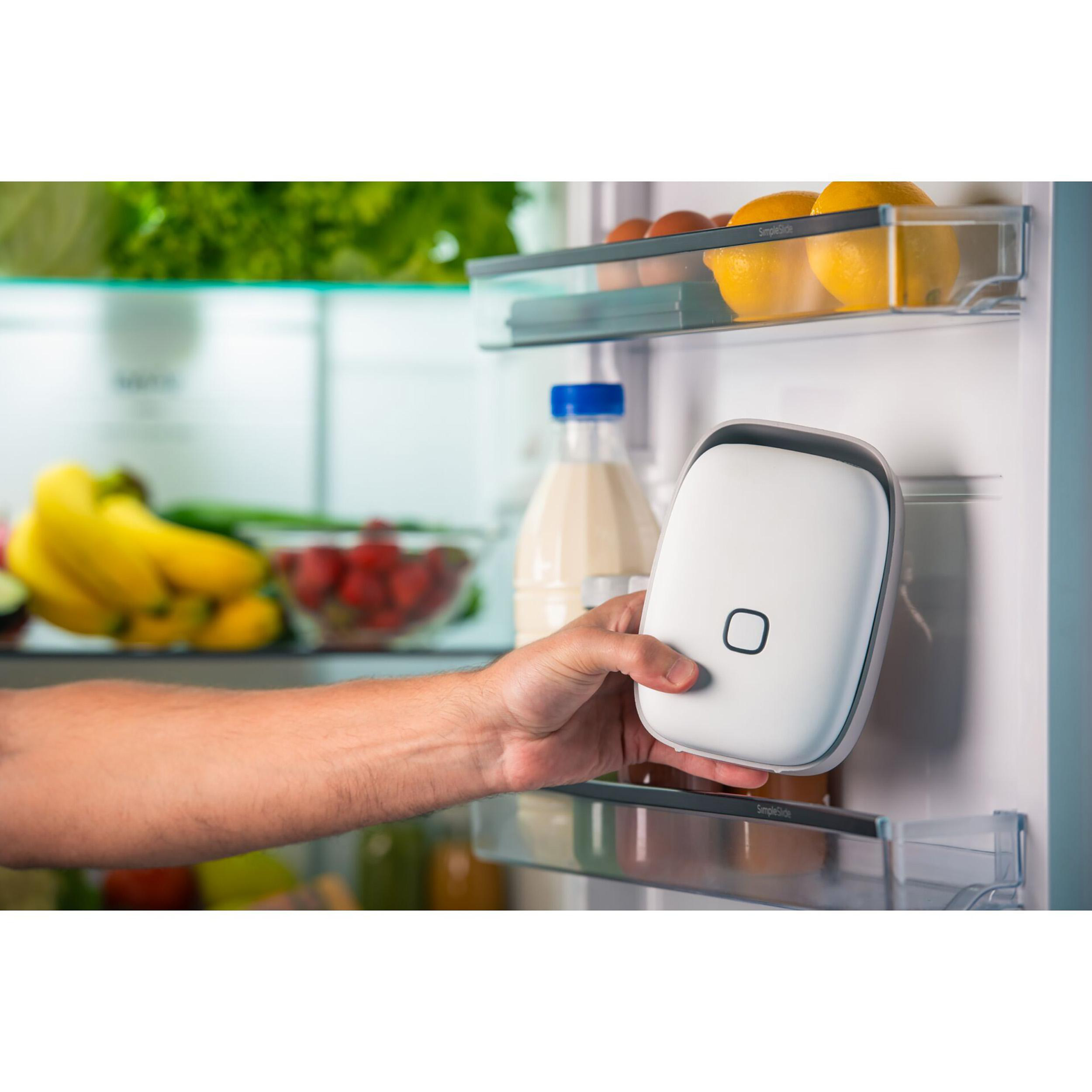 Eine Hand hält ein weißes Gerät in einem geöffneten Kühlschrank. Bananen, Zitronen, Milch und Eier sind ebenfalls sichtbar.