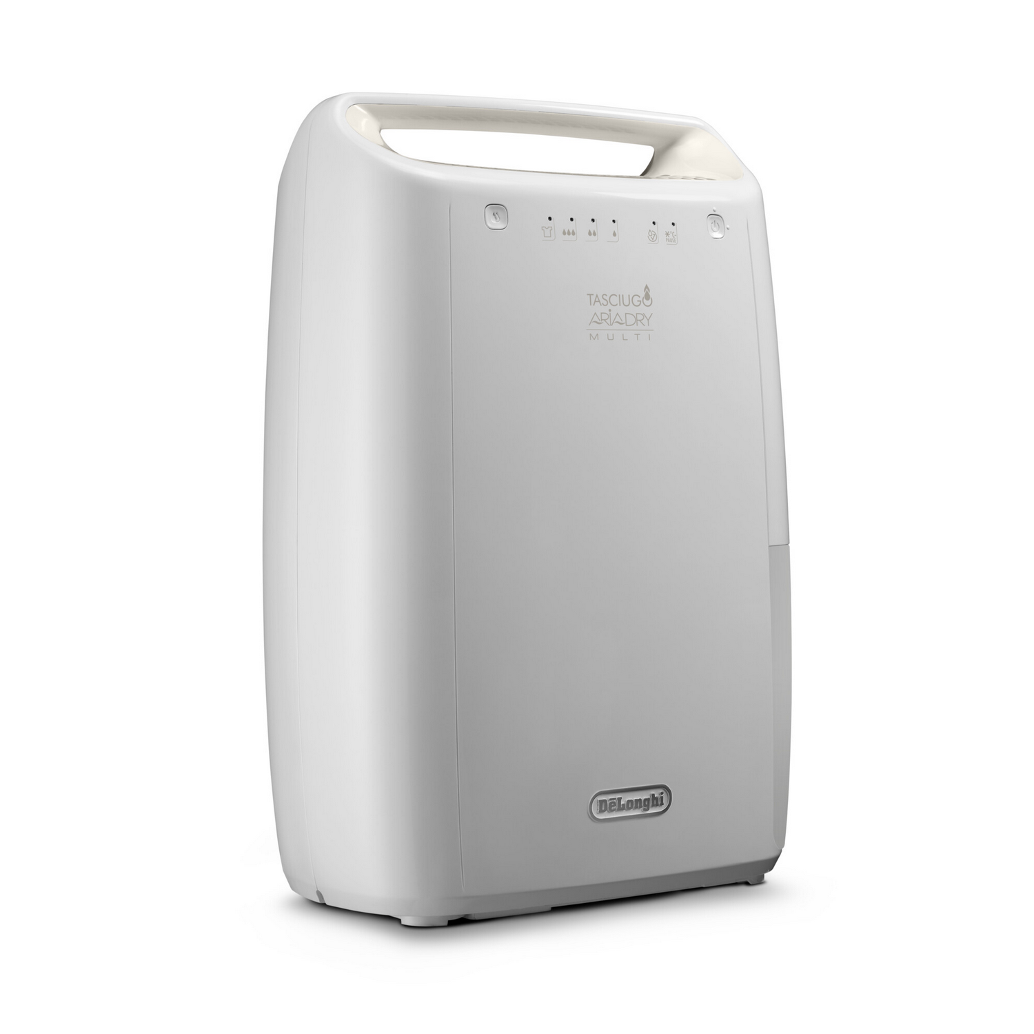 Un deshumidificador blanco De'Longhi Tasciugo Ariadry Multi. Tiene un asa arriba, botones de control y el logotipo de la marca abajo.