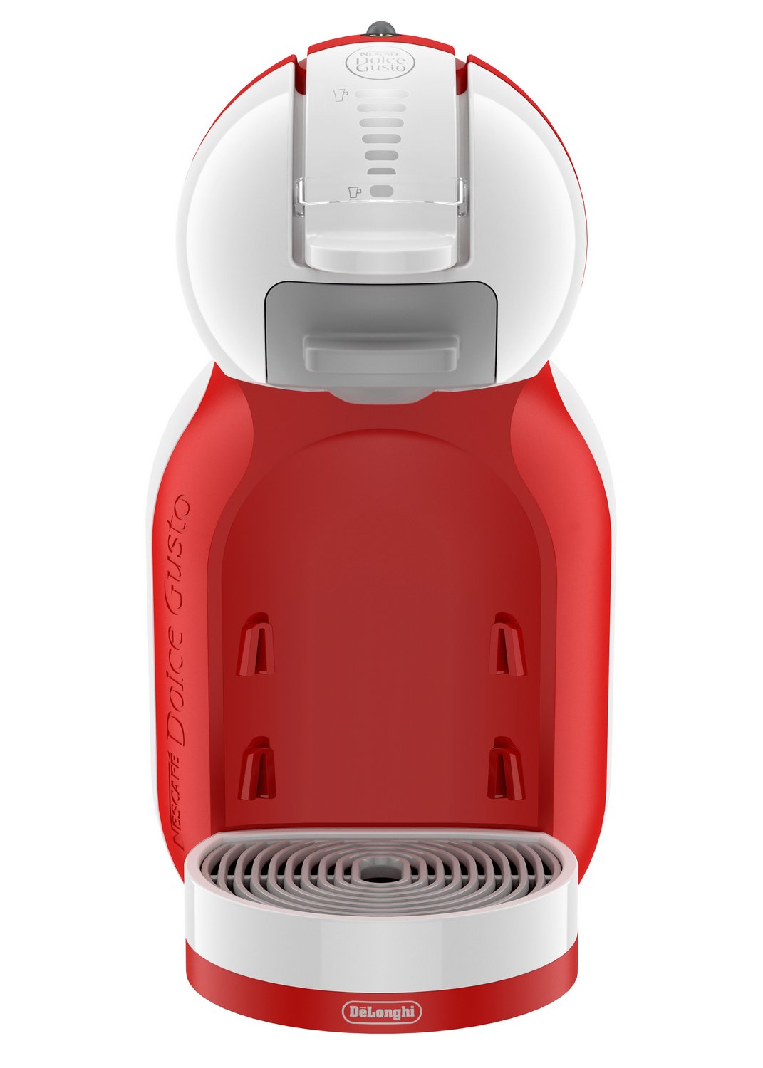 Una cafetera Dolce Gusto roja y blanca. Tiene una parte superior e inferior blancas, con un cuerpo rojo. La marca es visible.
