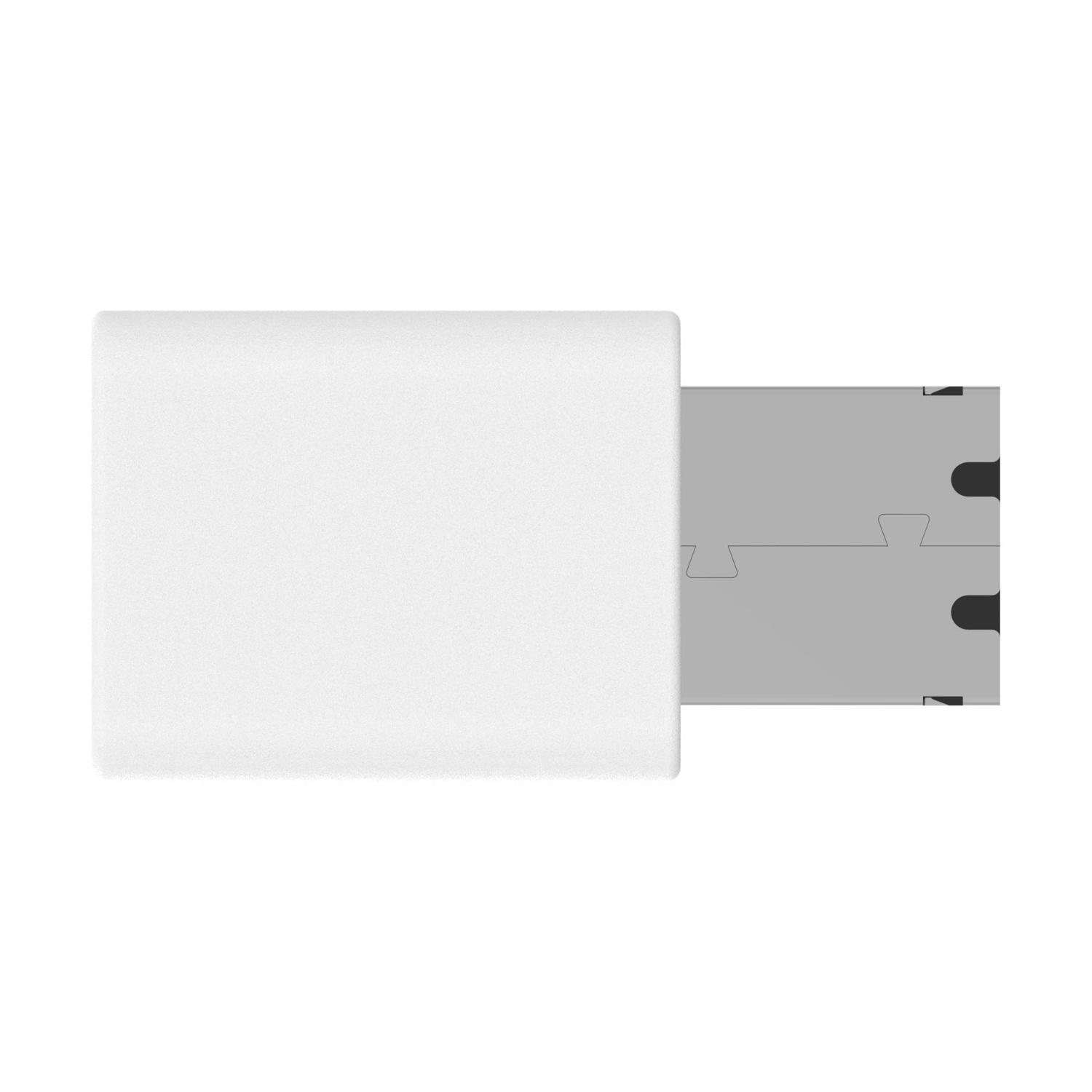 Un'unità USB bianca è mostrata, con un connettore grigio che si estende dal lato destro. Lo sfondo è bianco.