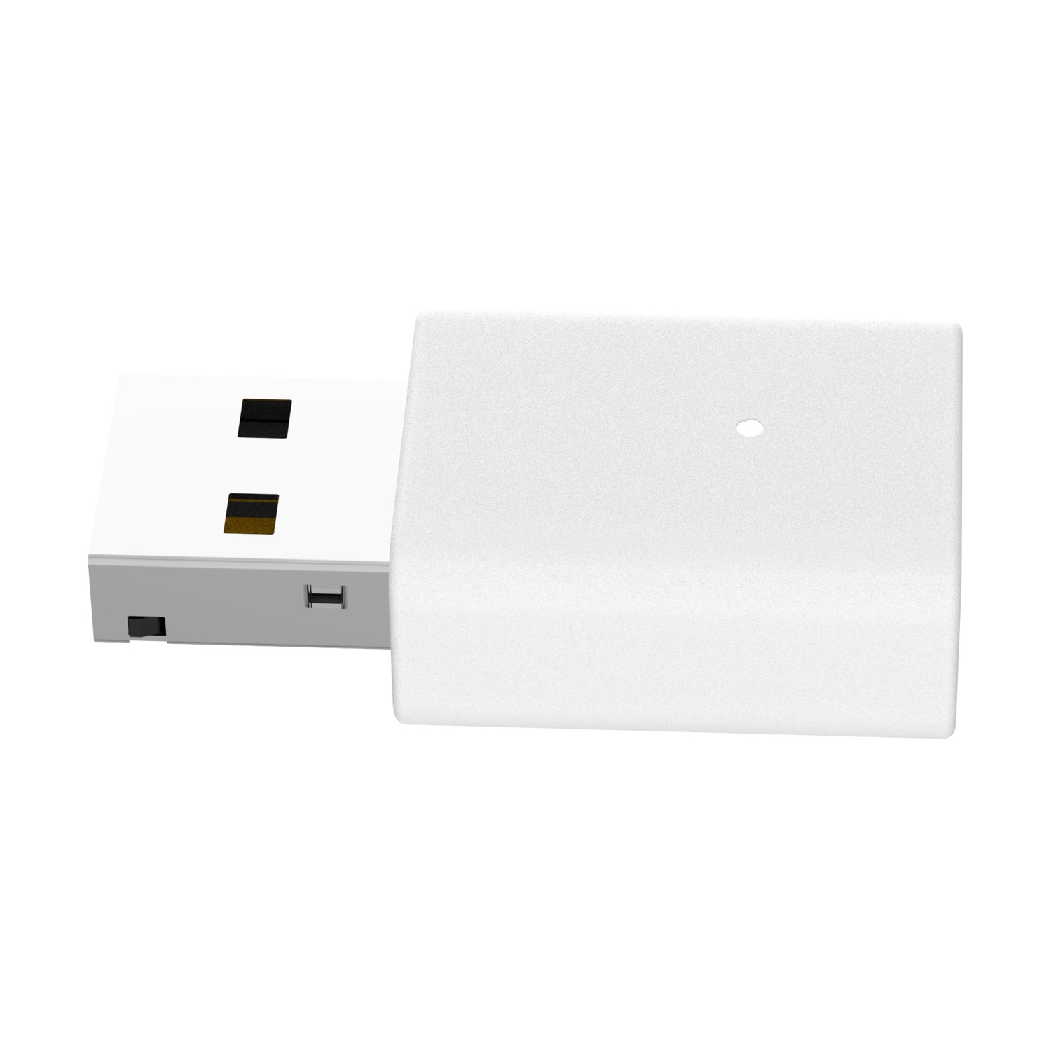 Un dongle USB bianco. Il connettore USB è argentato con dettagli neri e dorati. Il corpo è un rettangolo bianco arrotondato.