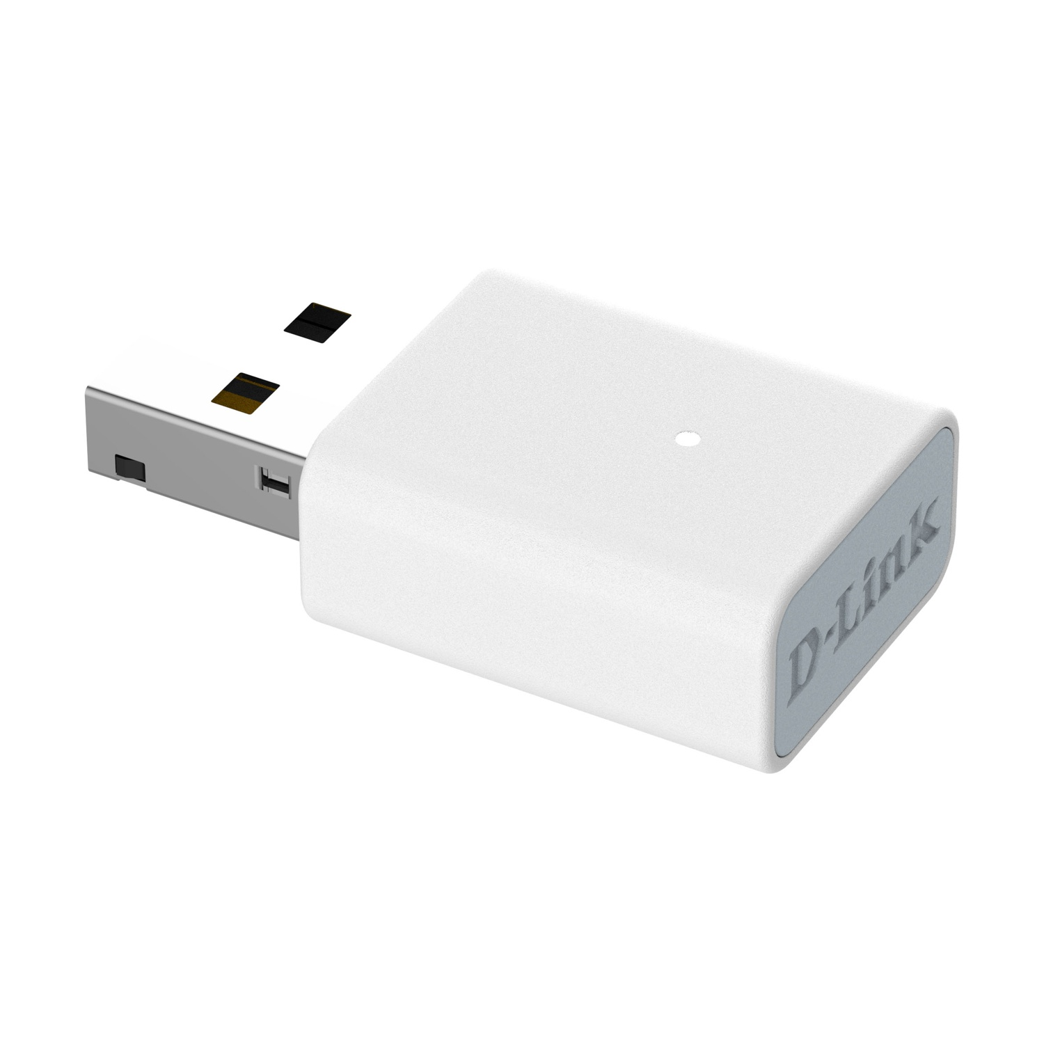 Un adattatore WiFi USB D-Link bianco. Ha un connettore USB e un corpo rettangolare bianco. Il logo D-Link è visibile.