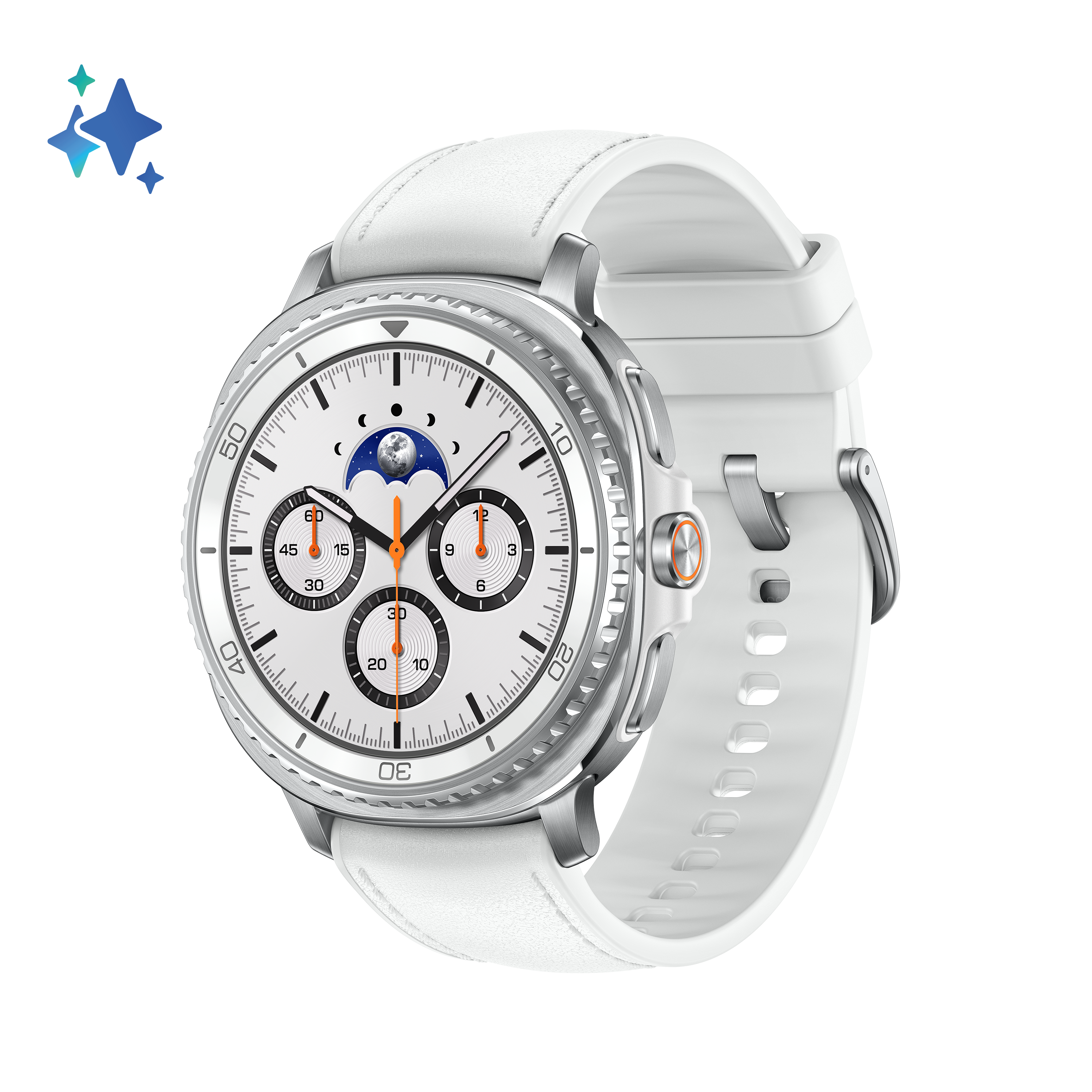 Biały smartwatch z białym paskiem. Tarcza ma białe tło z czarnymi i pomarańczowymi detalami.