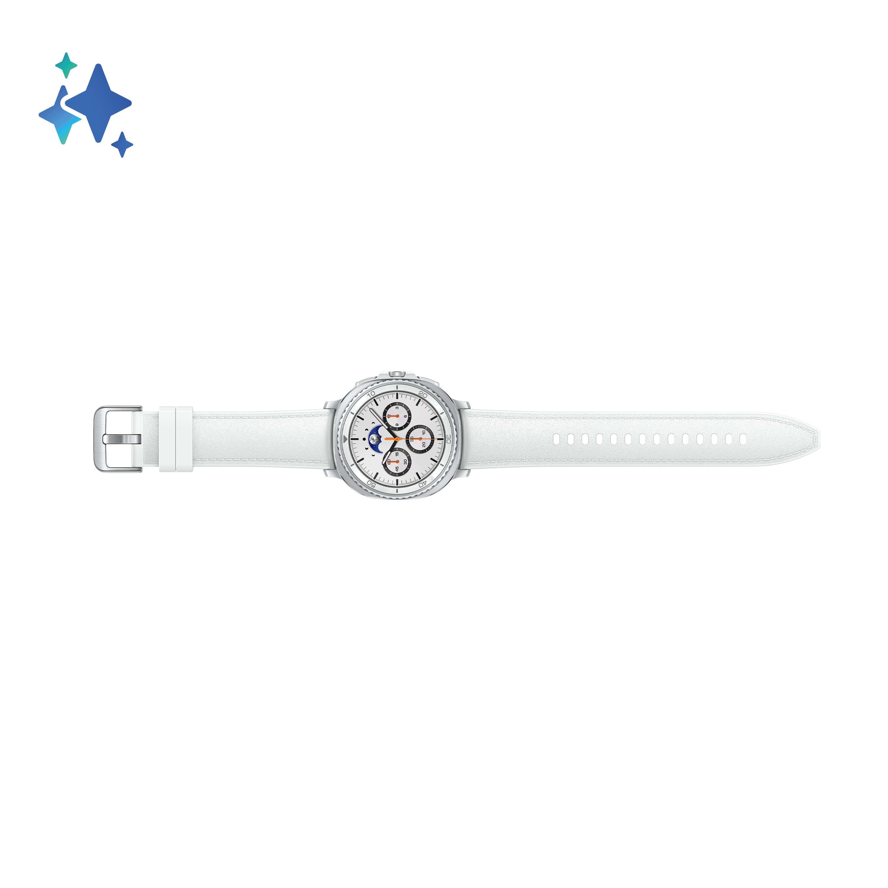 Biały smartwatch z białym paskiem na czarnym tle. Tarcza zegarka jest szczegółowa.