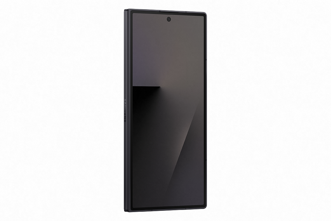 Egy fekete okostelefon sötét képernyővel. Kissé jobbra dől, egy kamerát és a Samsung logót mutatva.