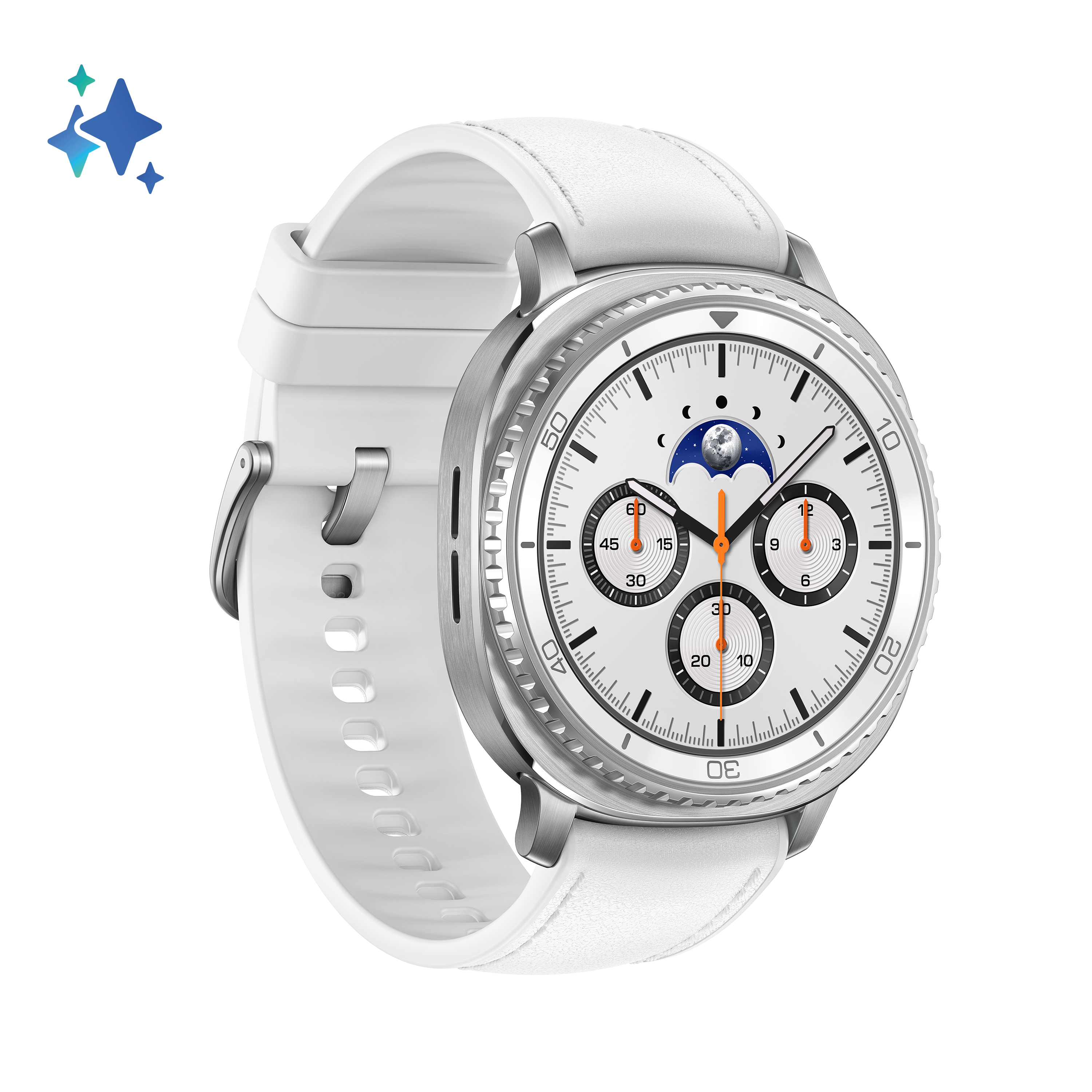 Biały smartwatch z białym paskiem, srebrną ramką i białą tarczą. Zegarek pokazuje godzinę i ma tarczę faz księżyca.