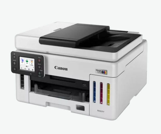 Siyah üst ve renkli ekrana sahip beyaz bir Canon Maxify yazıcı. Mavi, eflatun ve sarı mürekkep tankları var.