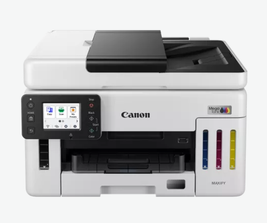 Siyah üst ve renkli ekranlı beyaz bir Canon Maxify yazıcı. Mürekkep seviyelerini gösterir ve bir kağıt tepsisi vardır.
