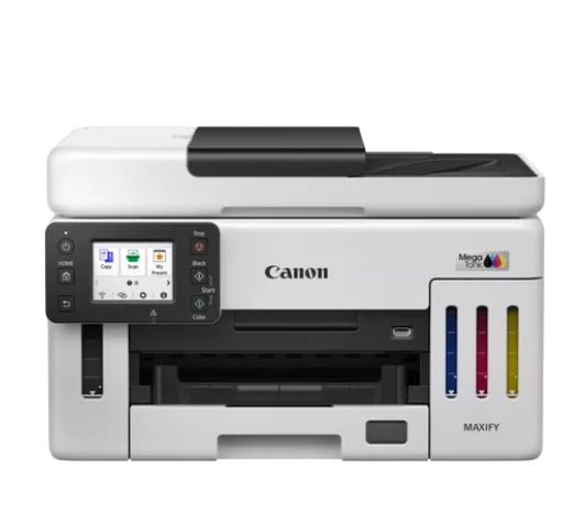 Beyaz ve siyah bir Canon MAXIFY yazıcı. Bir kontrol paneli, mürekkep tankları ve bir kağıt tepsisi vardır. Yazıcı beyaz bir yüzey üzerinde.