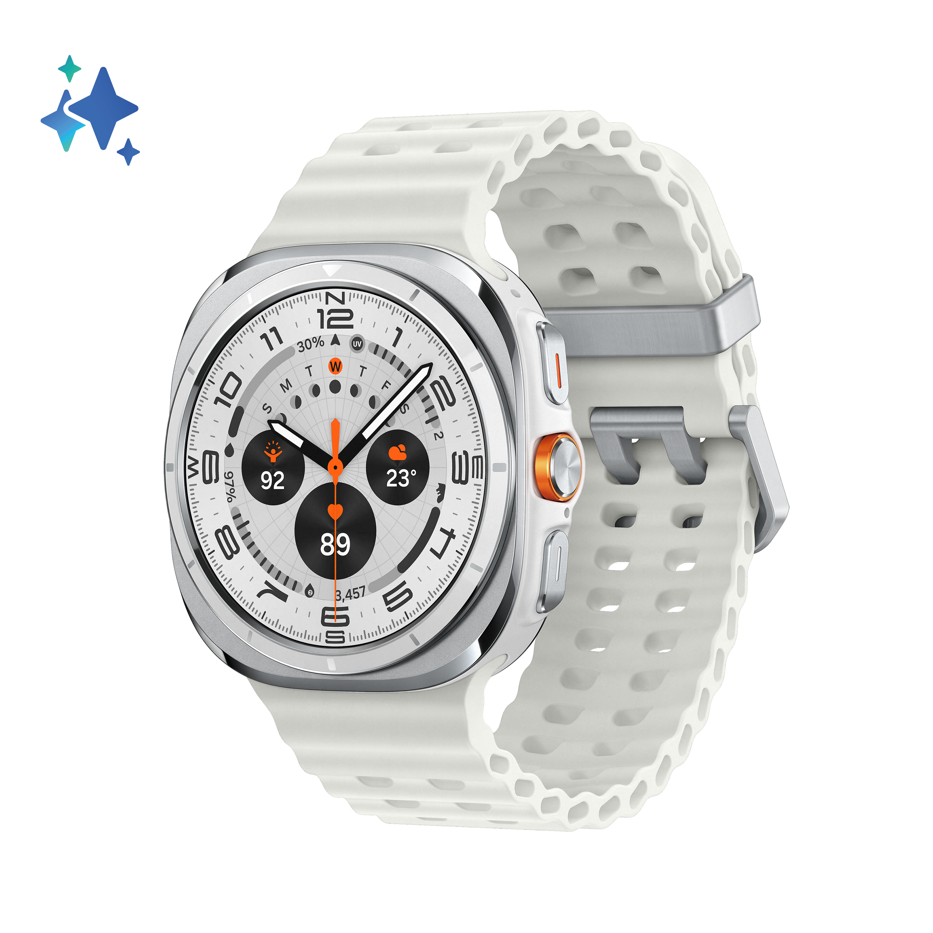 Biały smartwatch z białym paskiem na czarnym tle. Tarcza wyświetla czas i statystyki.