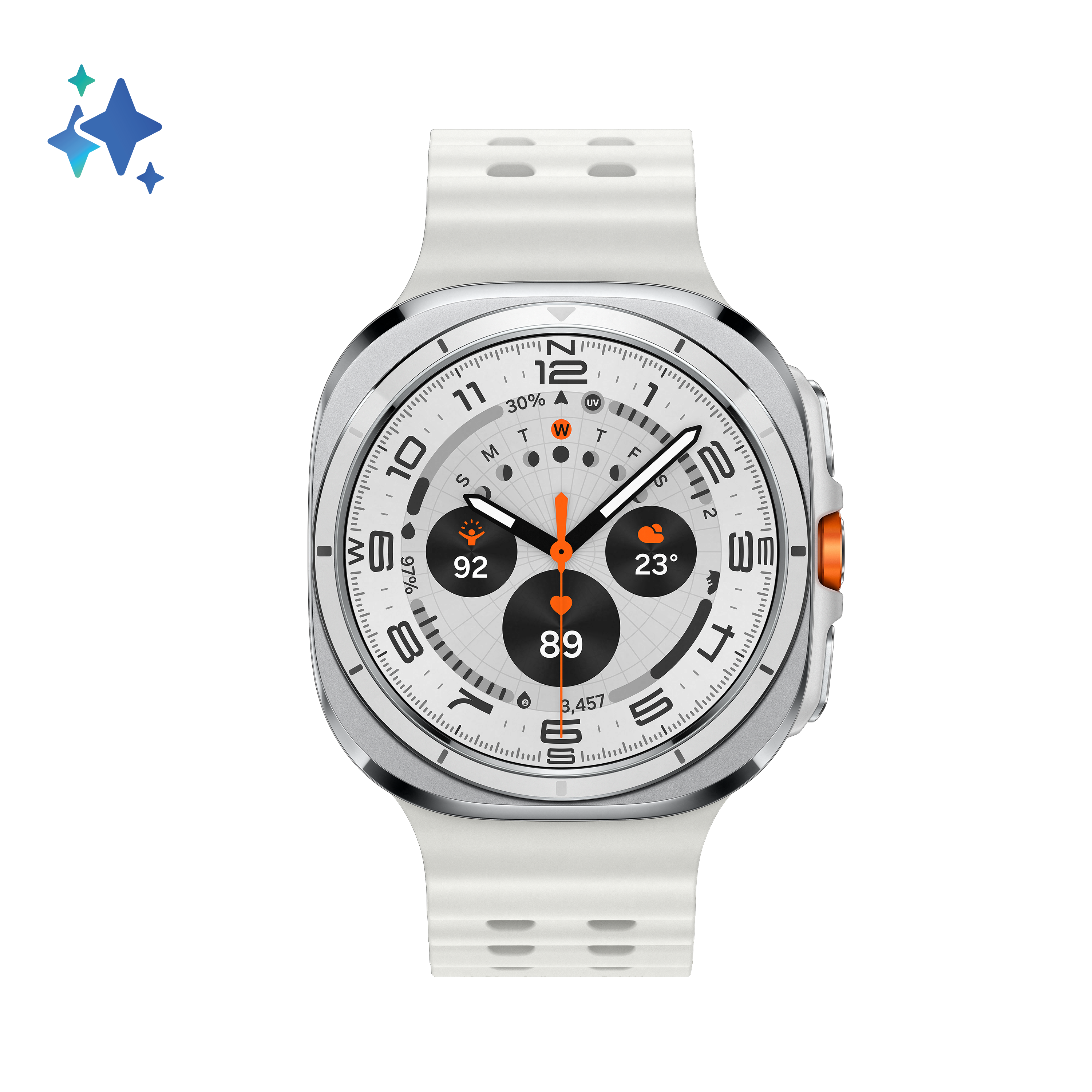 Srebrny smartwatch z białym paskiem. Tarcza wyświetla dane, m.in. czas, tętno i kroki. Czarne tło.