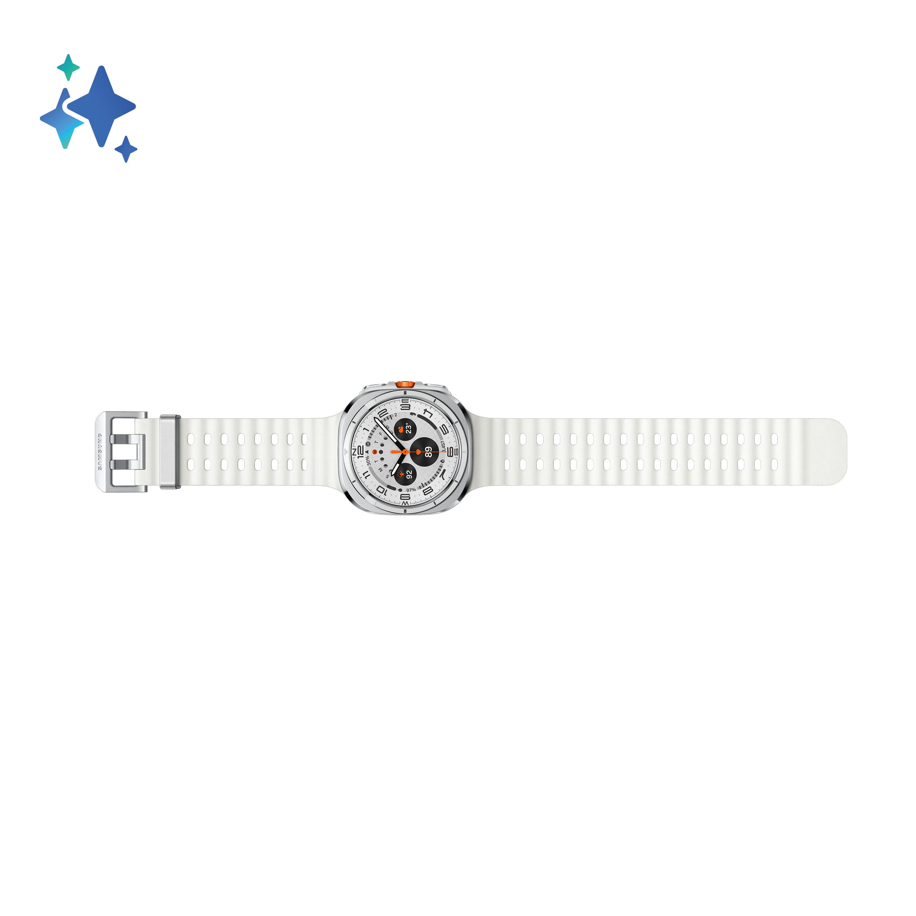 Biały smartwatch z perforowanym paskiem. Tarcza zegarka jest widoczna, pokazuje różne wskaźniki na czarnym tle.