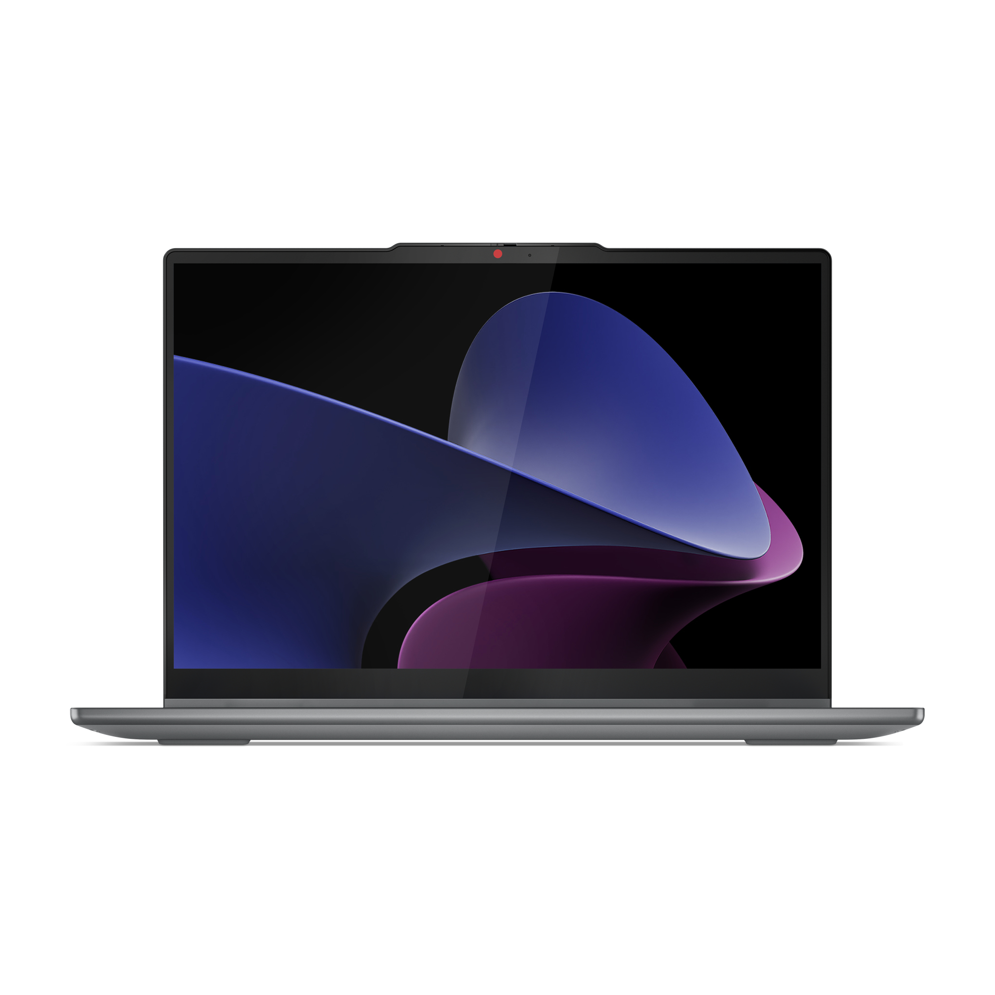 Ein grauer Laptop ist geöffnet und zeigt ein blaues und violettes abstraktes Design auf einem schwarzen Bildschirm. Der Hintergrund ist weiß.