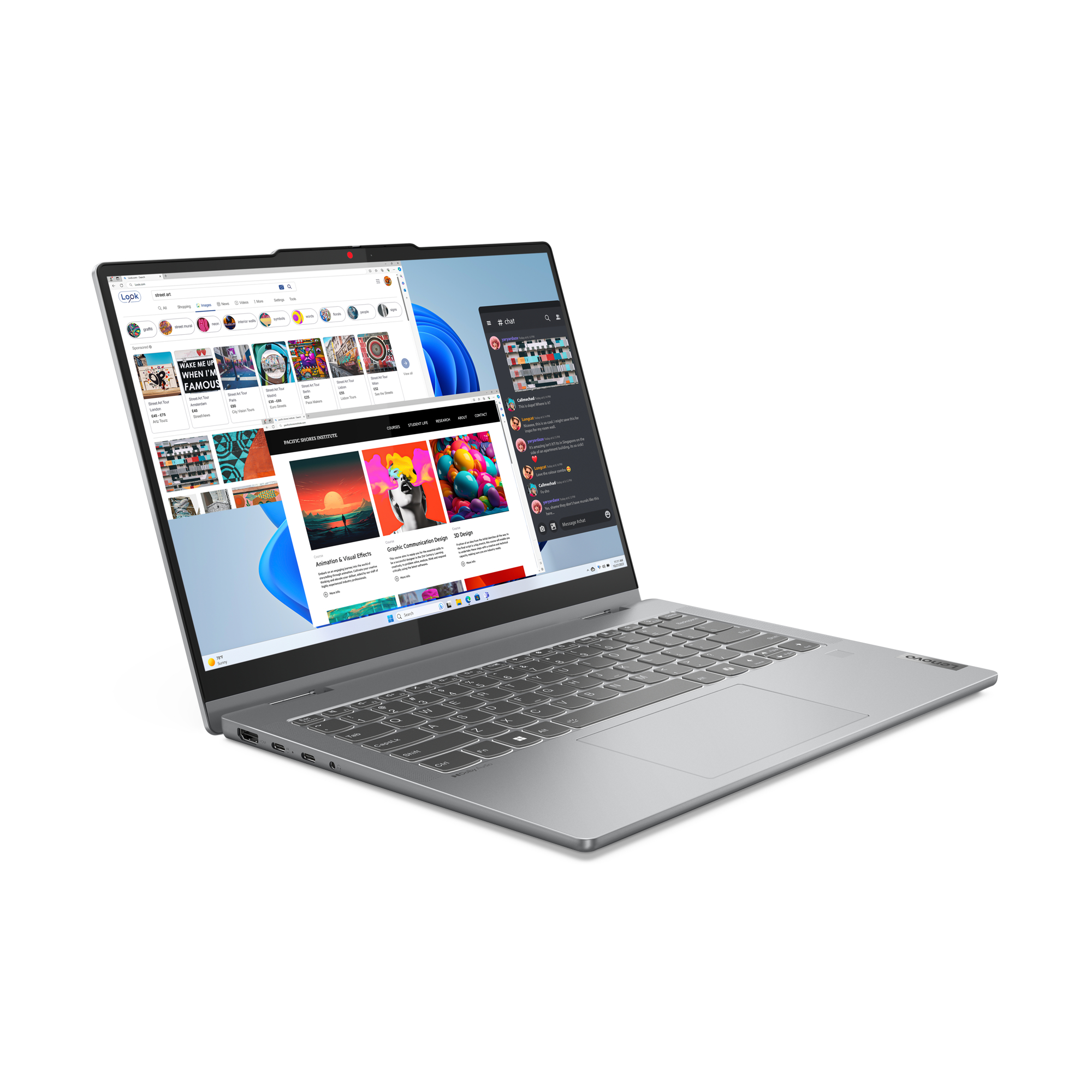 Silberner Laptop, der eine Websuche und ein Chat-Fenster anzeigt, vor weißem Hintergrund. Tastatur und Touchpad sichtbar.