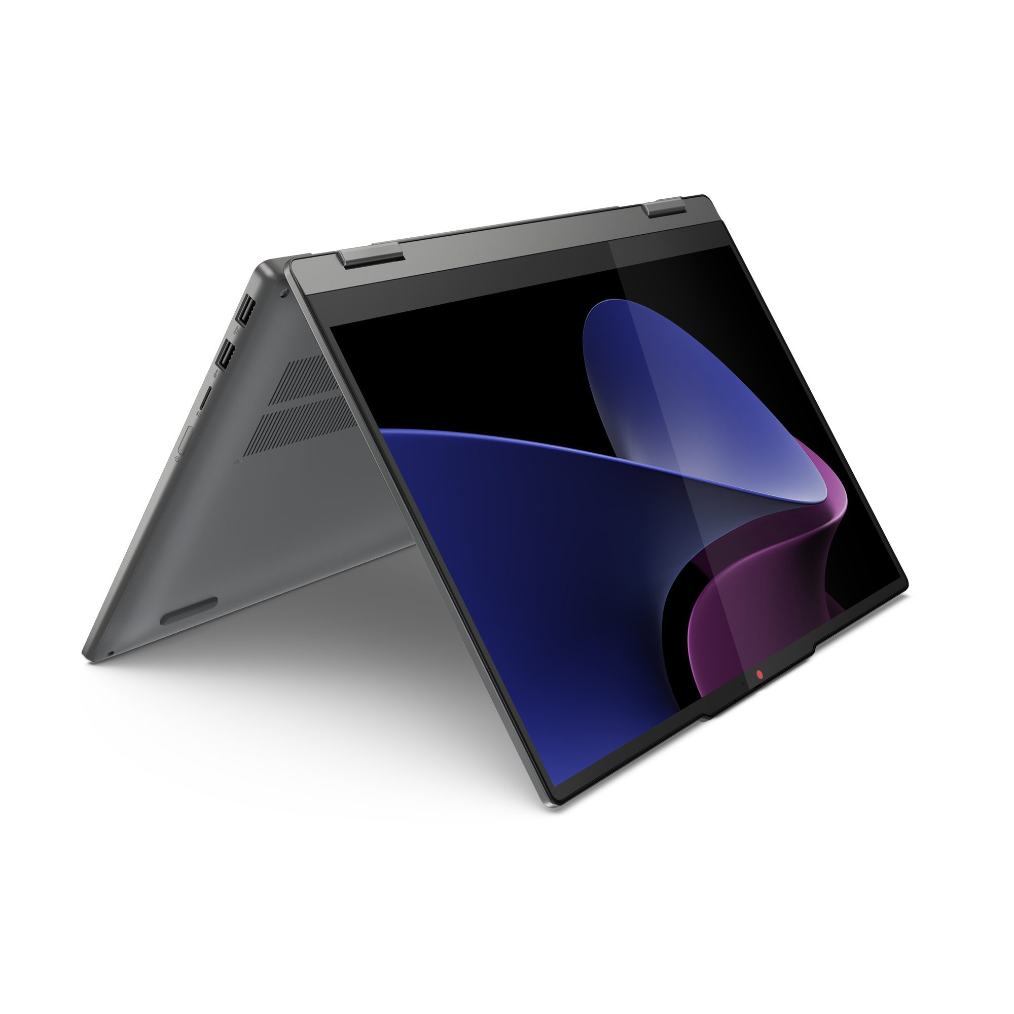 Ein grauer Laptop ist in einem Winkel geöffnet. Der Bildschirm zeigt ein blaues und lila Design auf schwarzem Hintergrund.