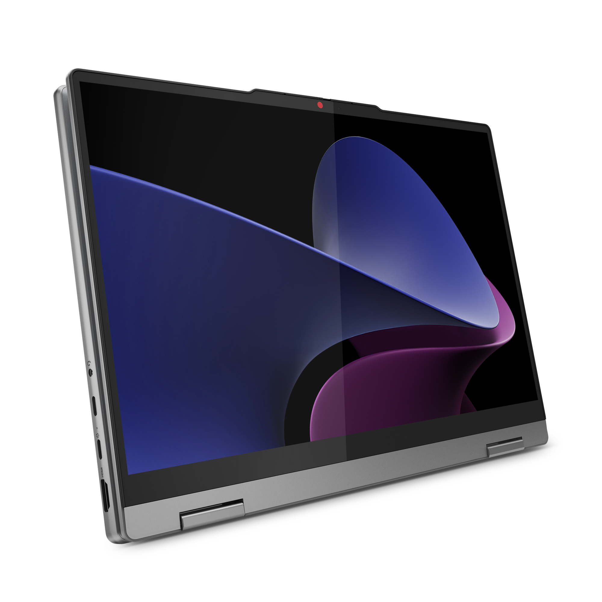 Ein silberner Laptop mit schwarzem Bildschirm, der ein abstraktes blaues und lila Design zeigt. Der Bildschirm ist geneigt.