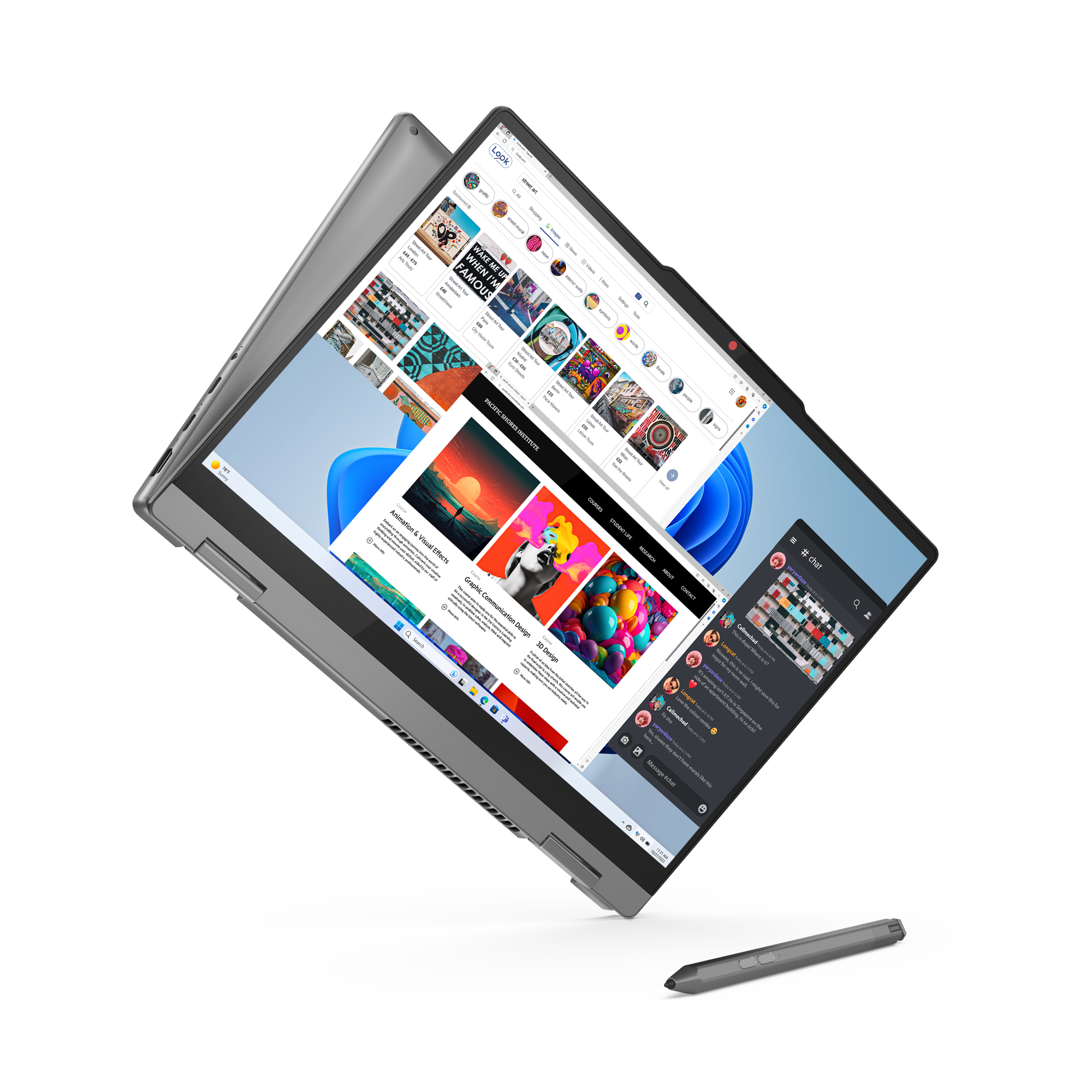 Laptop zeigt Webseiten, Chat und Kursdetails. Ein Stift liegt in der Nähe. Weißer Hintergrund.