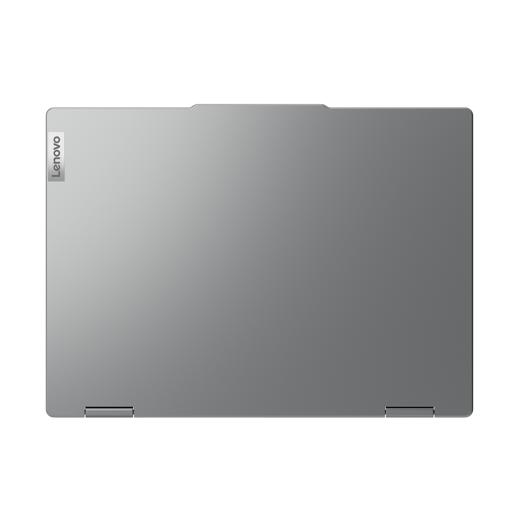 Ein geschlossener, grauer Lenovo-Laptop. Das Lenovo-Logo befindet sich oben links. Der Laptop ist auf weißem Hintergrund zentriert.