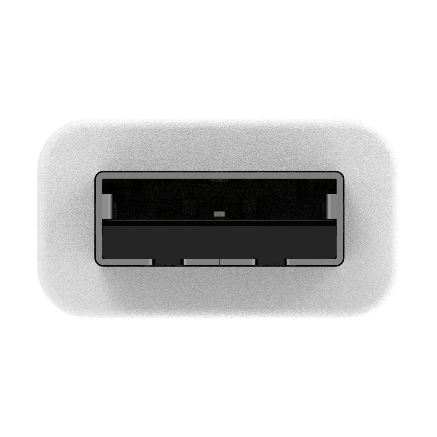 Un primo piano di una porta USB. È rettangolare, con un interno nero e un involucro argentato con bordi arrotondati.