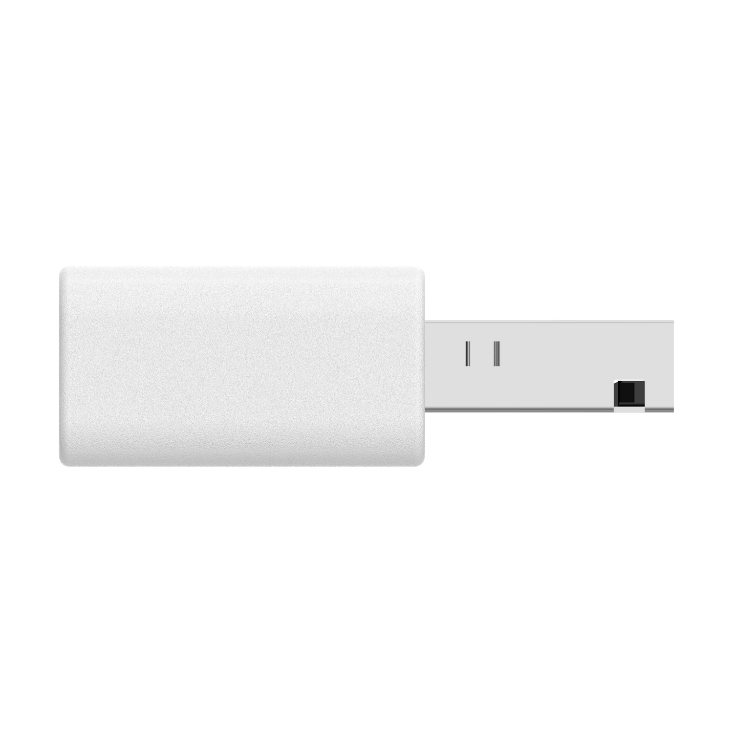 Un adattatore USB bianco con un corpo rettangolare e un connettore rettangolare più piccolo. Lo sfondo è bianco.