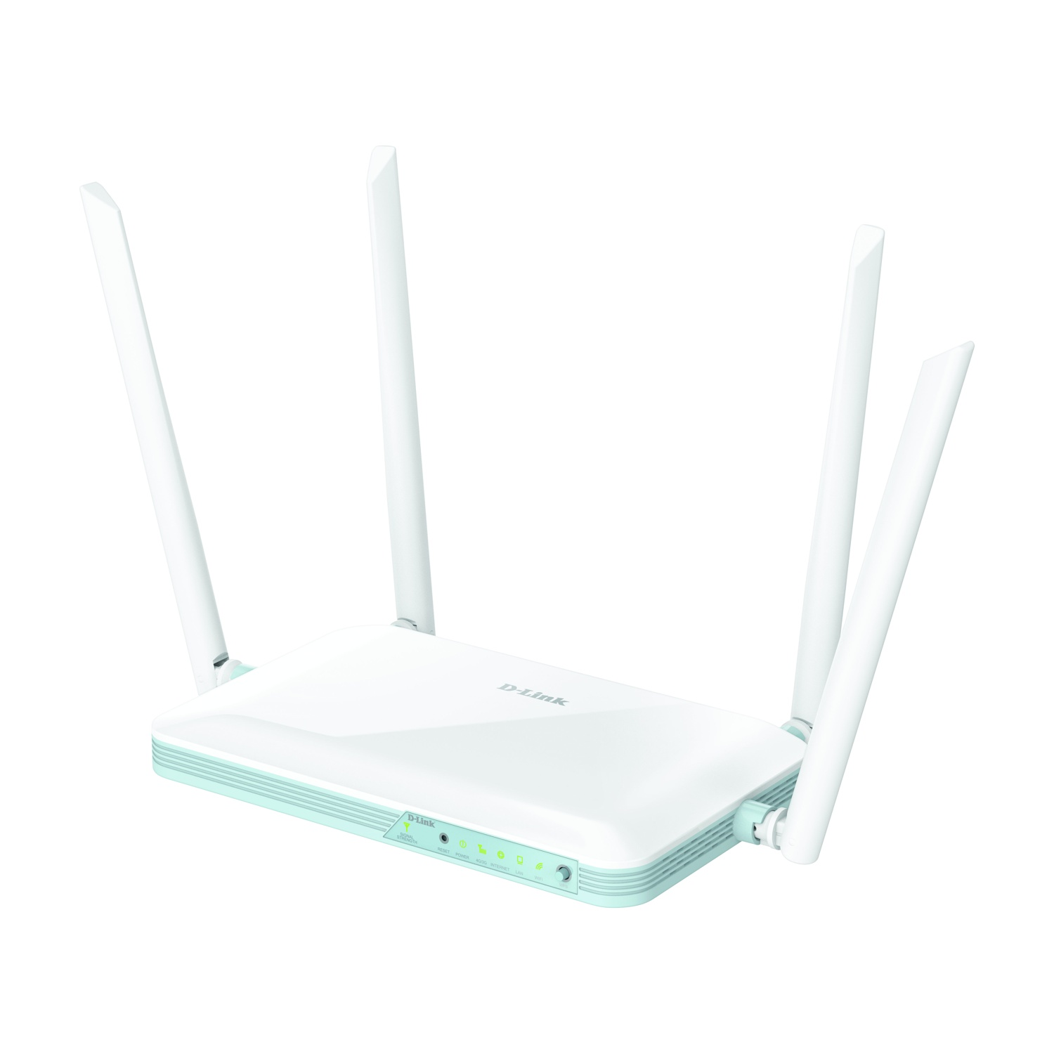 Un router D-Link bianco con quattro antenne. Il router ha luci verdi e una finitura azzurra. Lo sfondo è bianco.
