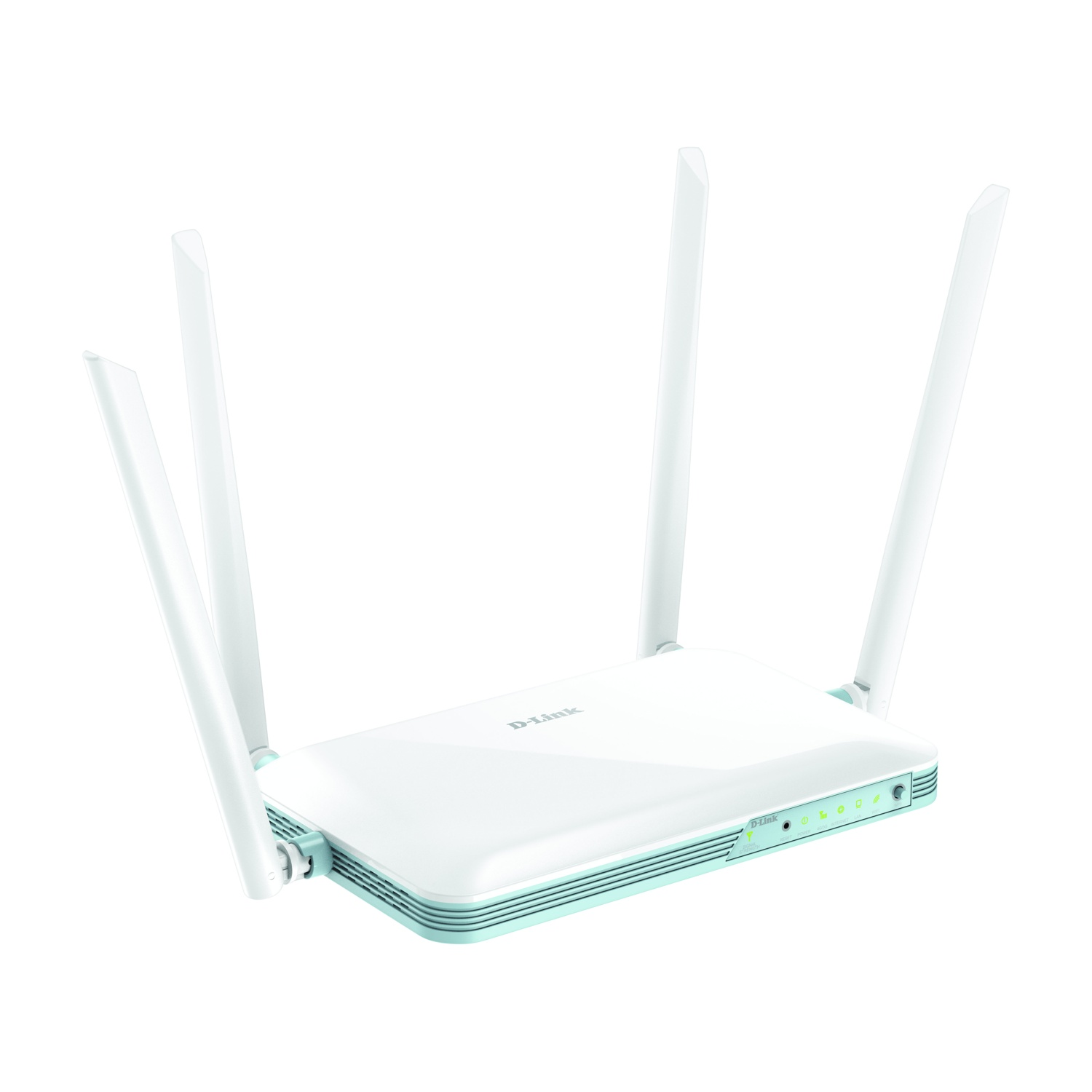 Un router D-Link bianco e blu con quattro antenne e spie verdi. Lo sfondo è bianco.