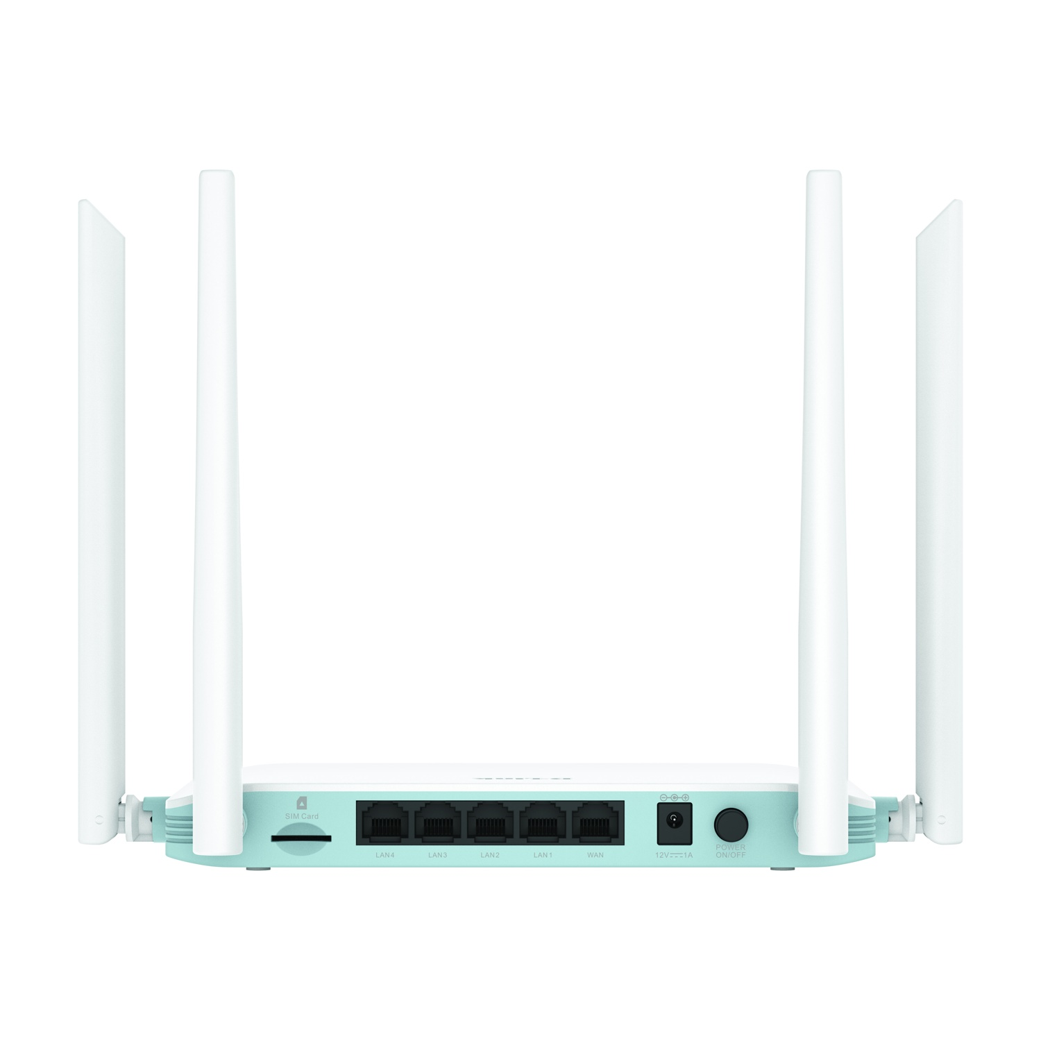 Un router bianco con quattro antenne su sfondo bianco. Ha porte, slot SIM e pulsante di accensione/spegnimento.