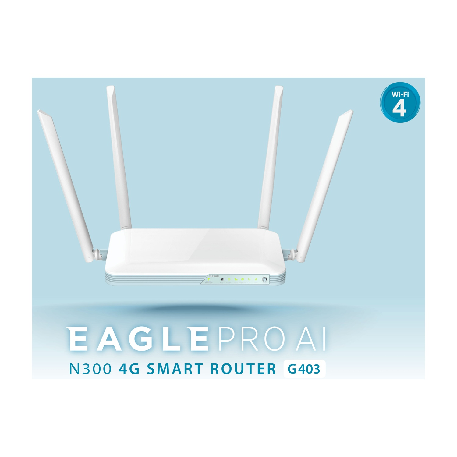 Un router bianco con quattro antenne. Il testo "EAGLE PRO AI" e "N300 4G SMART ROUTER G403" sono sotto. Logo Wi-Fi 4 a destra.