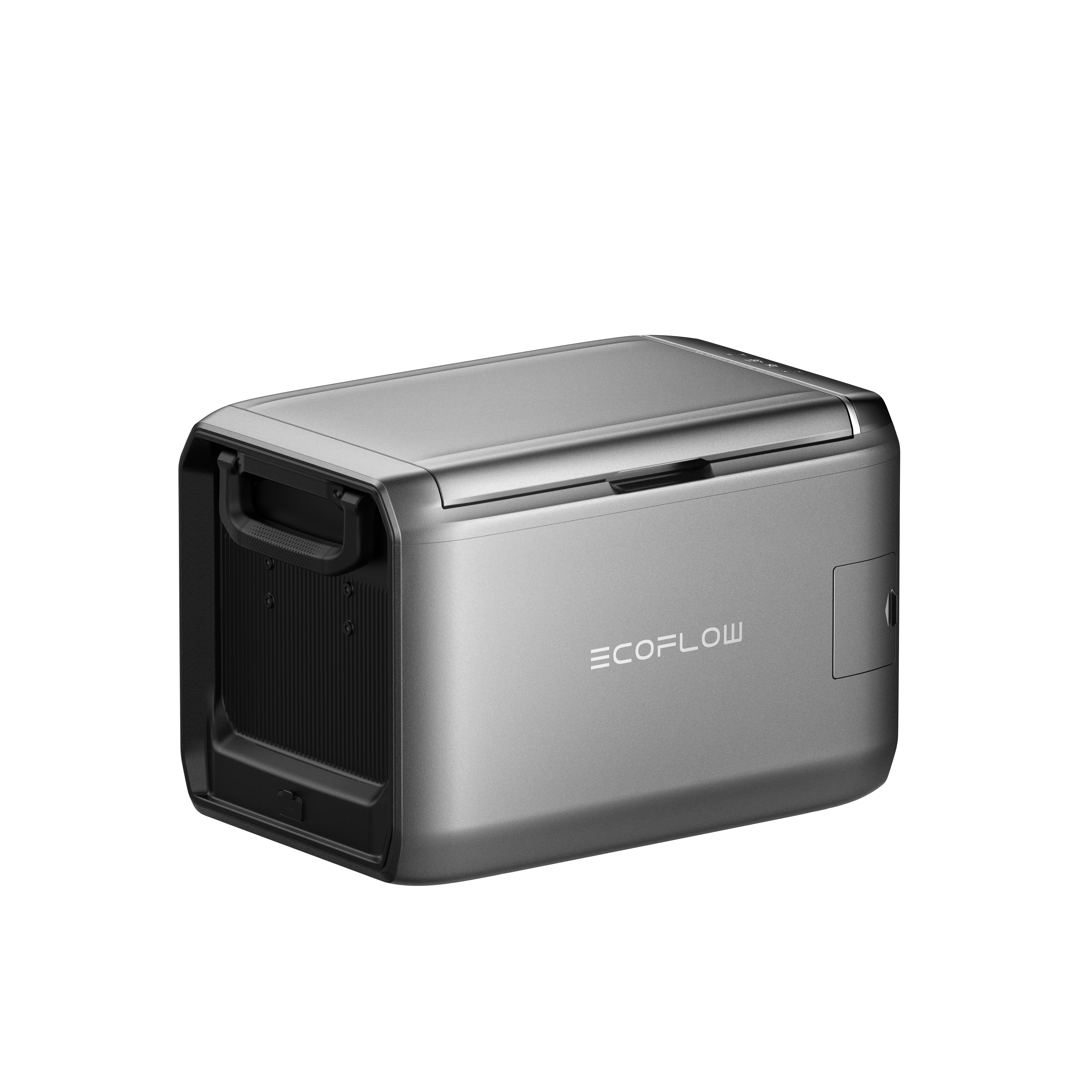 Silberne, rechteckige EcoFlow-Powerstation auf weißem Hintergrund. Es hat einen Griff und eine kleine Tür.