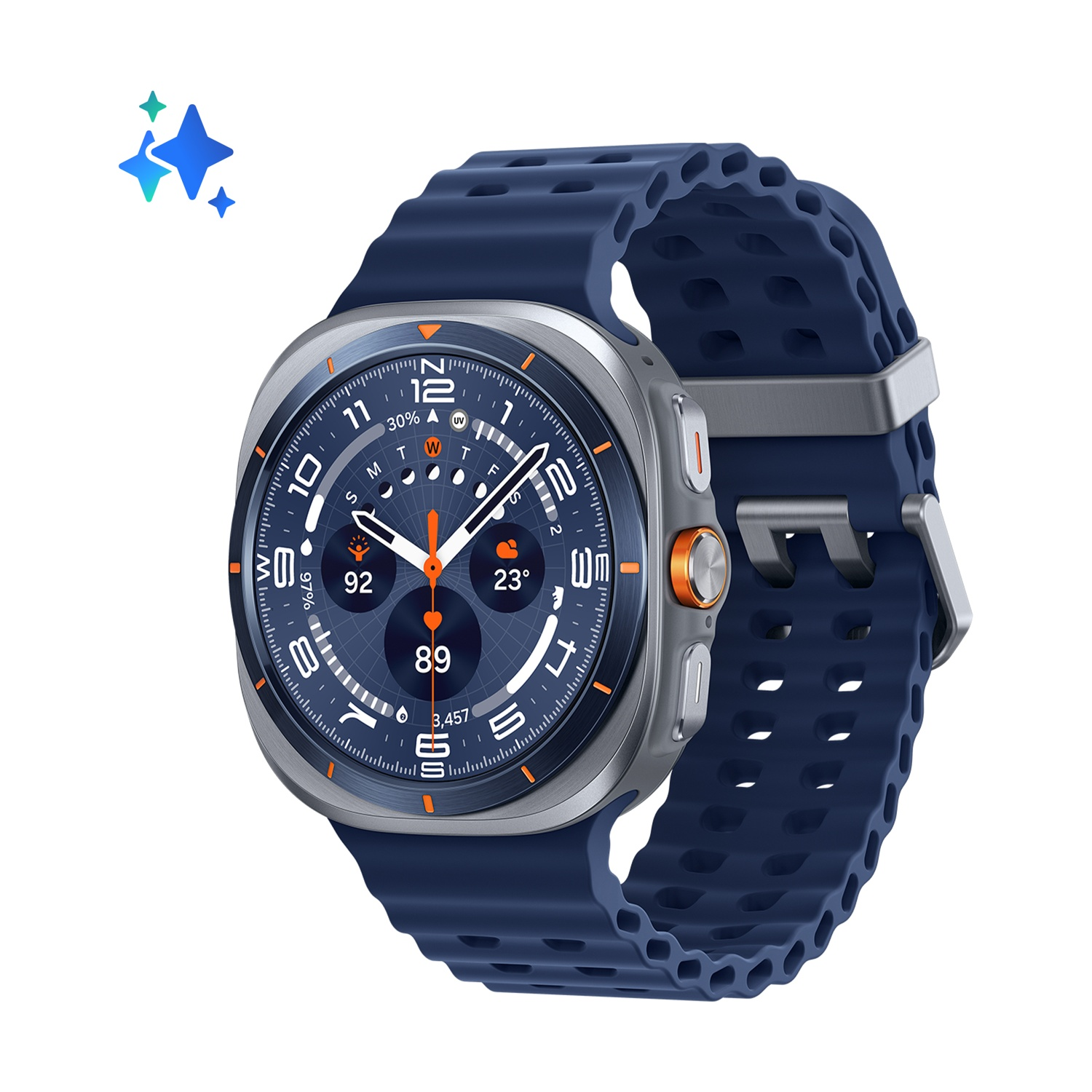 Uno smartwatch con cinturino blu e quadrante blu scuro. L'orologio mostra l'ora, il meteo e altri dati.