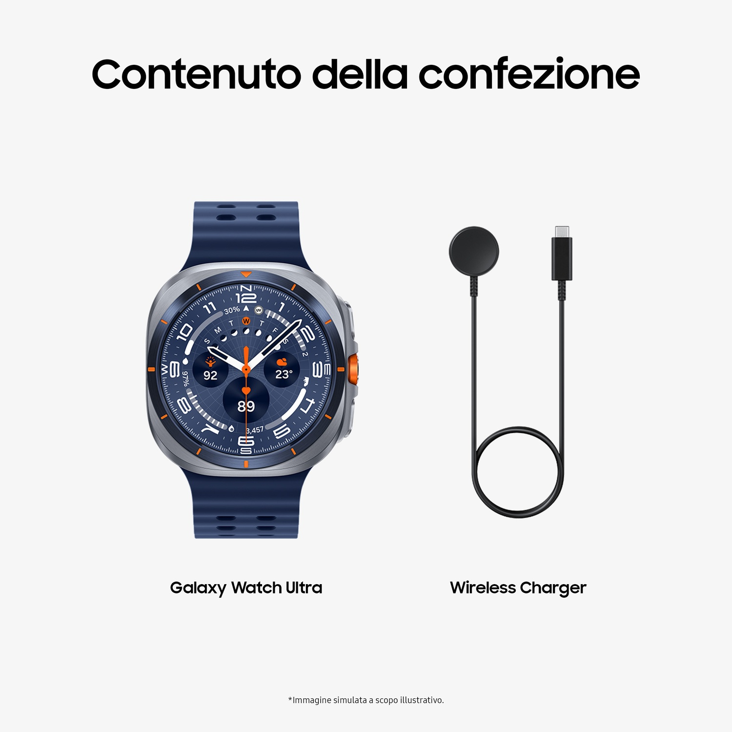 L'immagine mostra un Galaxy Watch Ultra con cinturino blu e un caricatore wireless con cavo, entrambi su sfondo bianco.