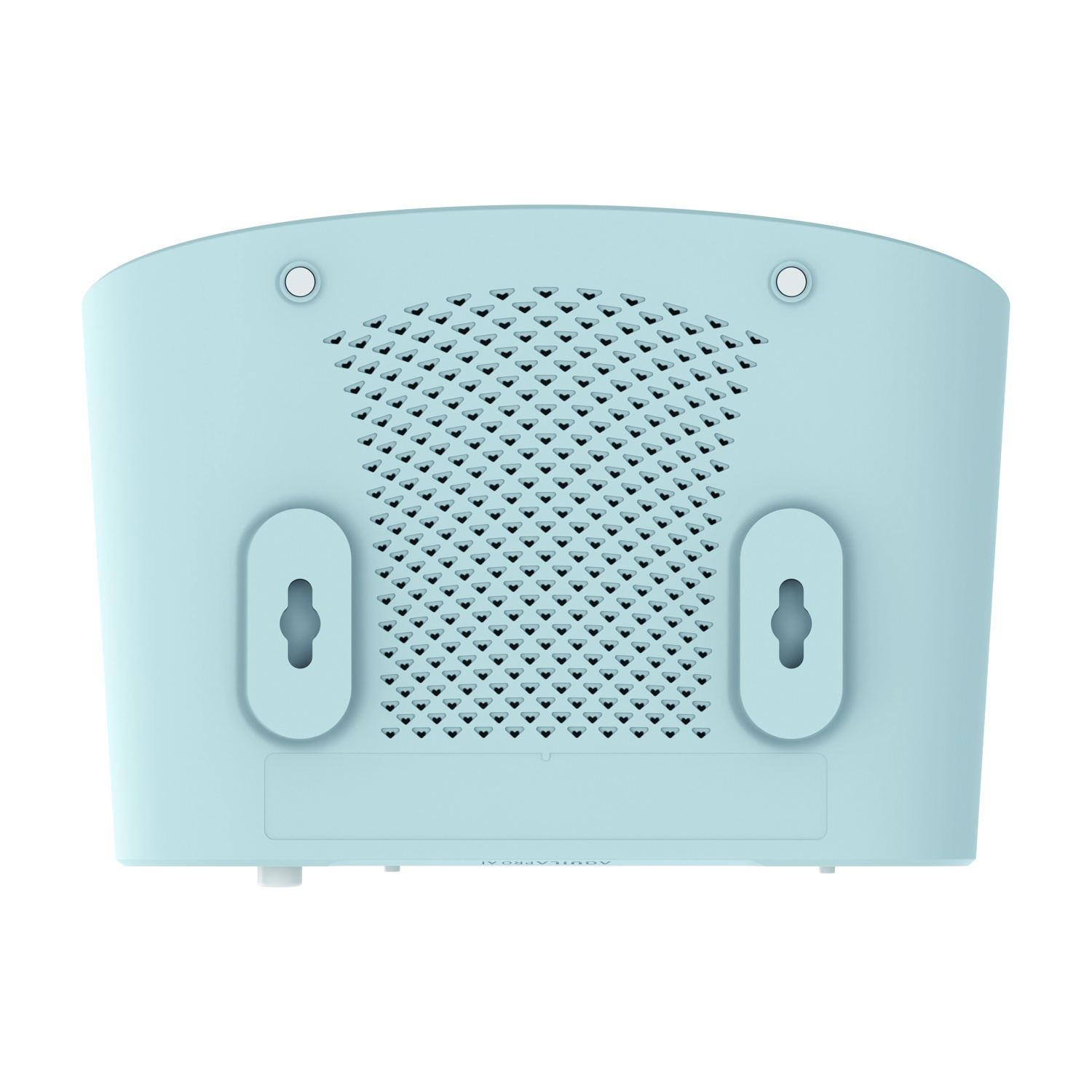 Retro di un dispositivo azzurro. Presenta fori di ventilazione, due staffe e due fori per le viti in alto.