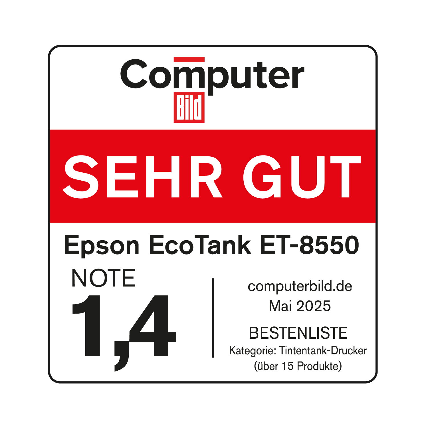 Das Bild zeigt eine Computer Bild Auszeichnung für Epson EcoTank ET-8550, Note 1,4. Es ist eine BESTENLISTE für Tintenstrahldrucker.