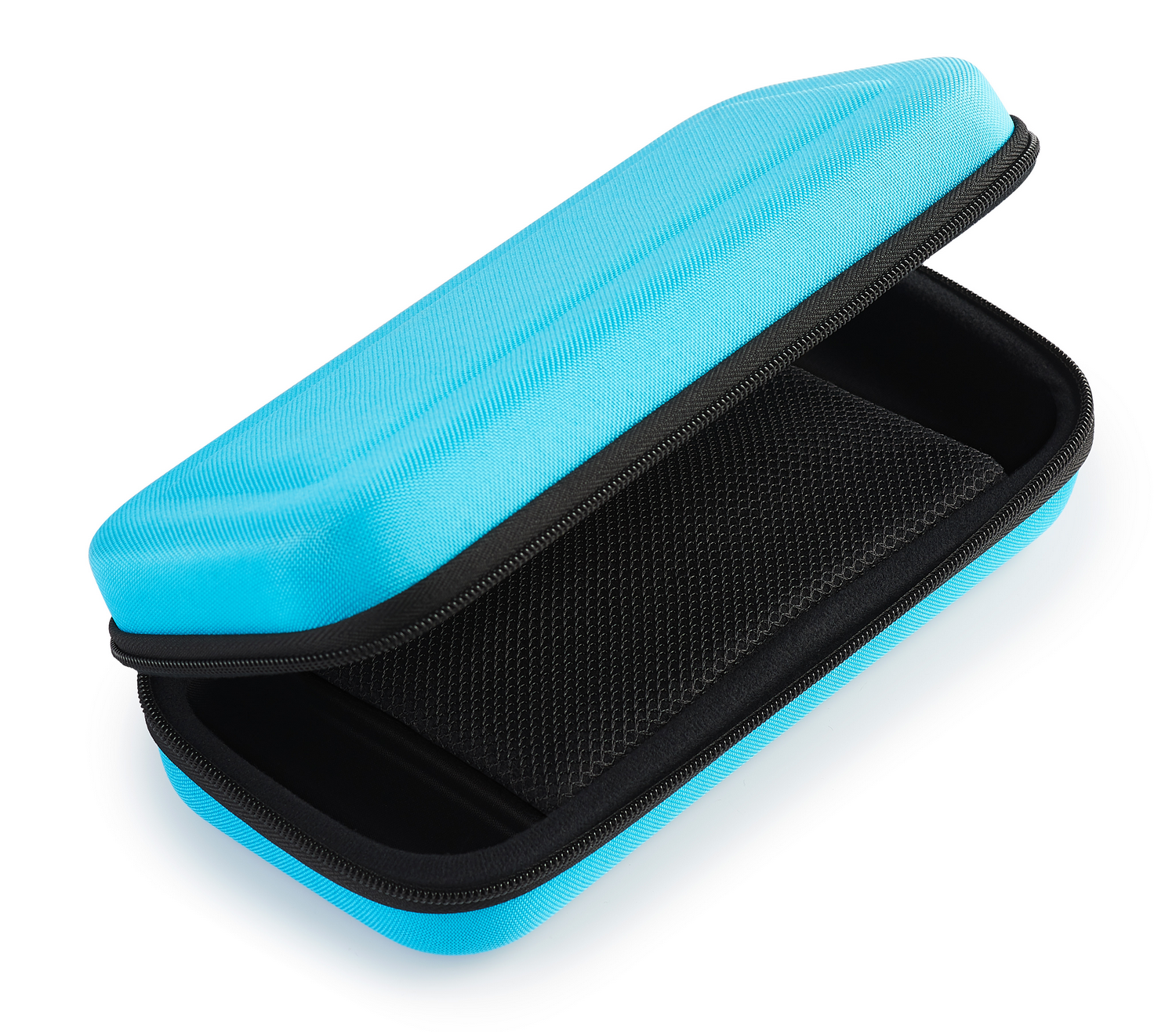 Estuche azul claro abierto con cremallera negra. En el interior hay una malla negra. El estuche está sobre fondo blanco.