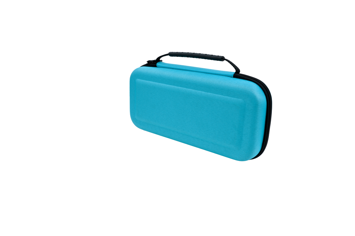 Un estuche de transporte azul rectangular con asa y cremallera negras. El estuche está aislado sobre fondo blanco.