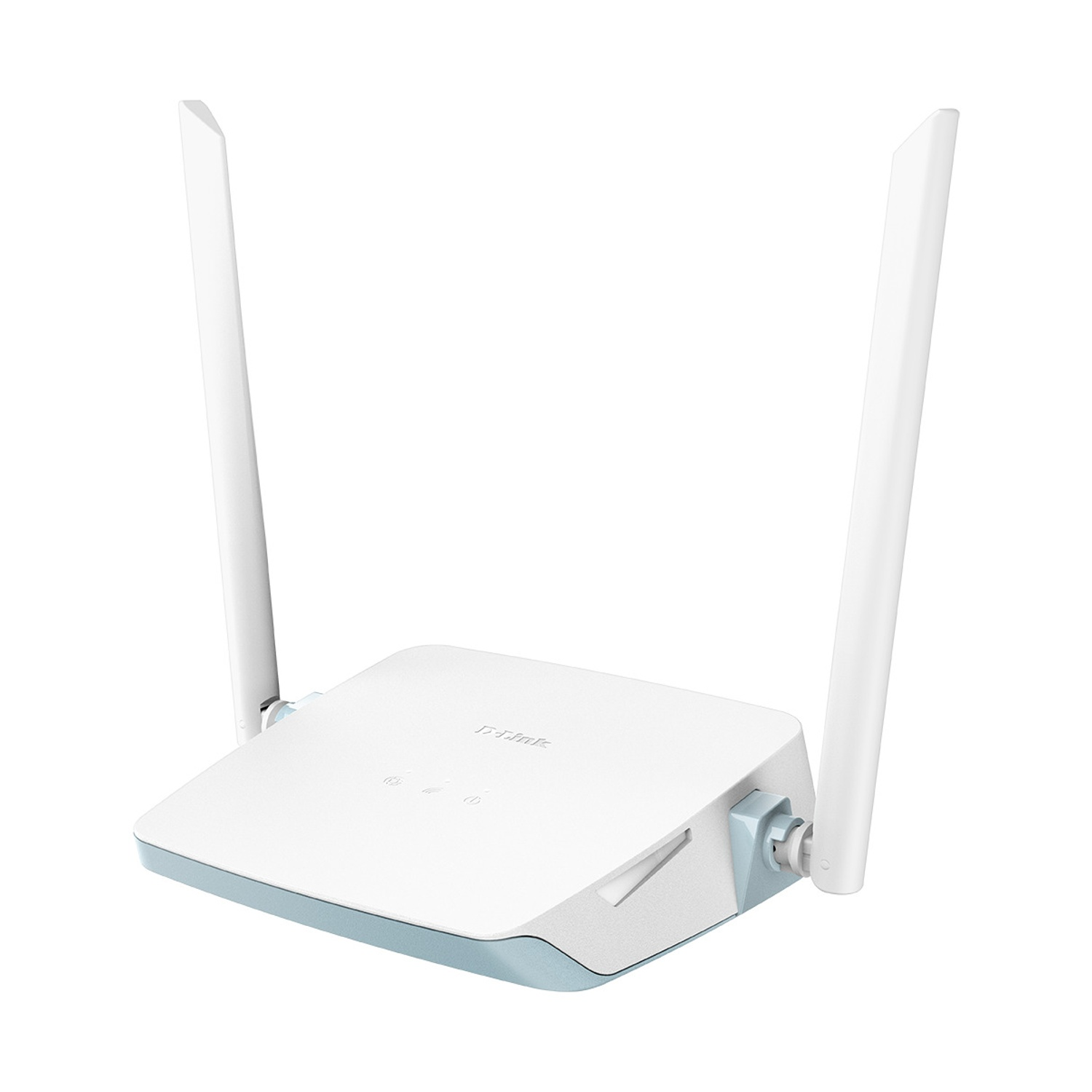Router D-Link bianco e azzurro chiaro con due antenne. Il dispositivo ha una forma quadrata ed è su sfondo bianco.