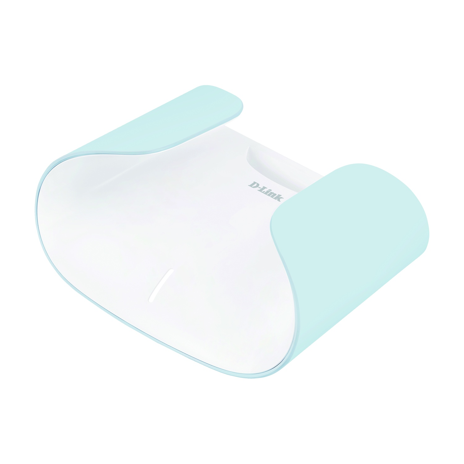 Un router D-Link bianco con dettagli azzurri. Design curvo con logo D-Link visibile.