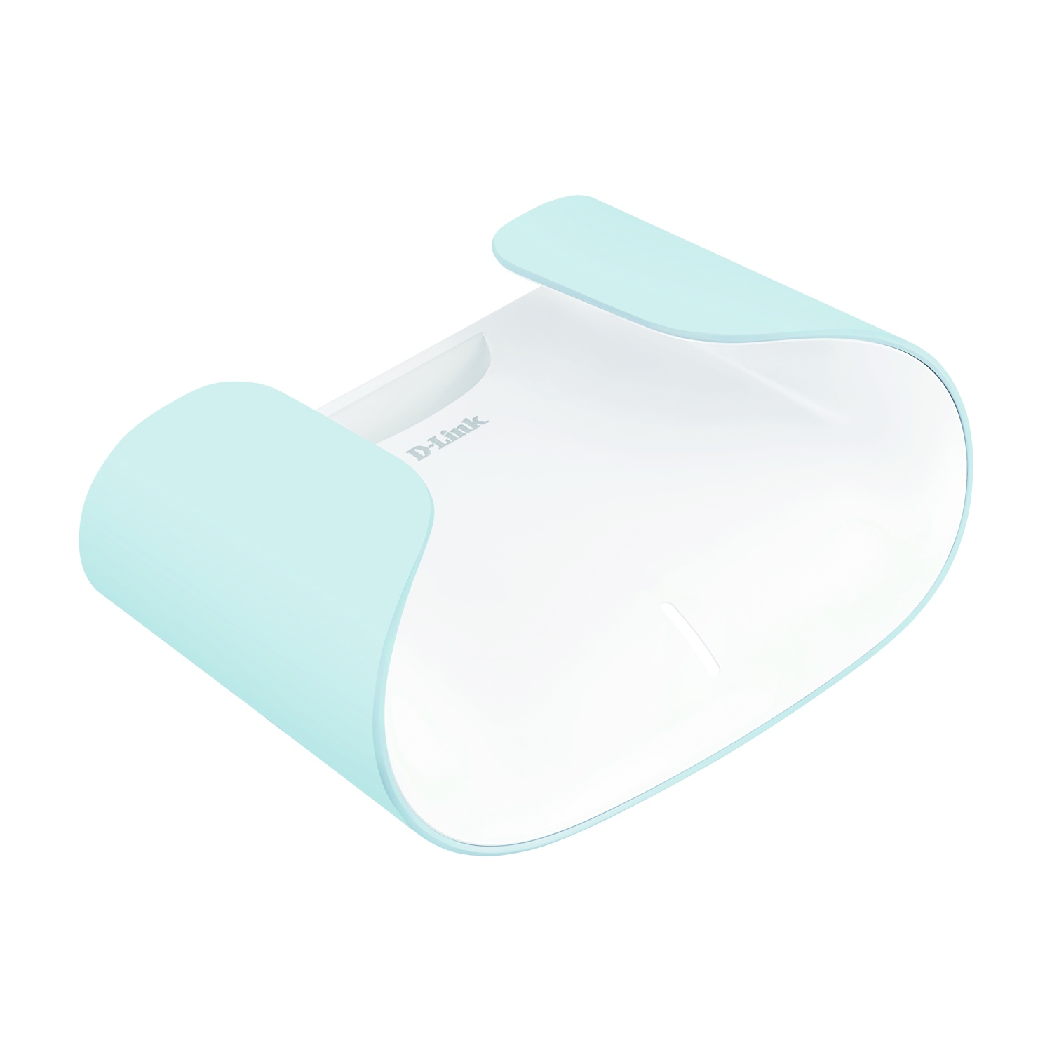 Un router D-Link. Ha un corpo bianco con bordi curvi azzurri. Il logo D-Link è visibile.