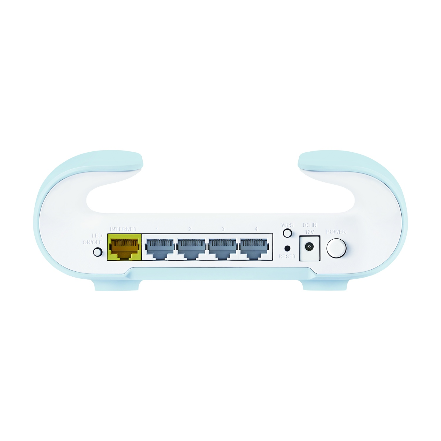 Un router azzurro e bianco con porte, pulsanti di accensione e ripristino. Le porte includono Internet e i numeri 1-4. Sono presenti WPS e DC IN 12V.