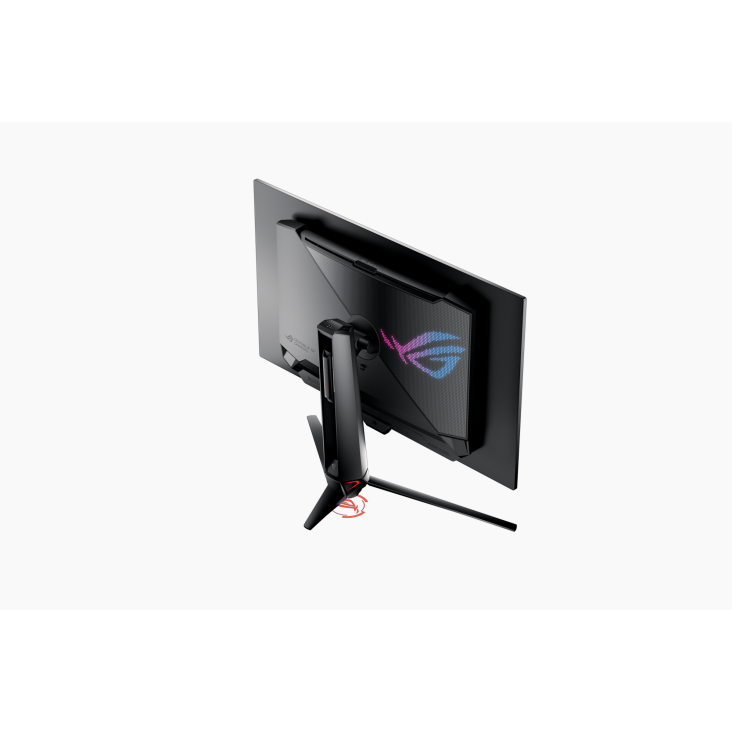 Parte trasera de monitor gaming. Negro con soporte. Logo ROG brillando. Fondo oscuro.