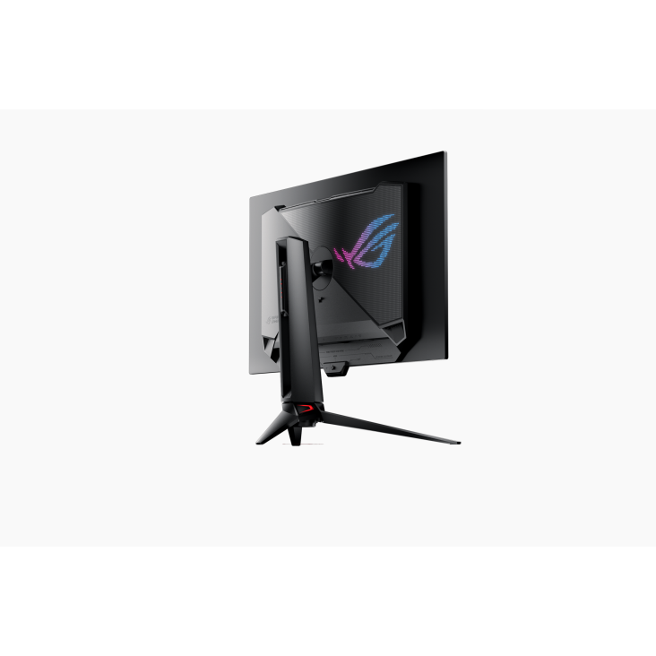 Un monitor de ordenador negro con el logotipo ROG, sobre un fondo negro. El monitor está inclinado hacia la izquierda.